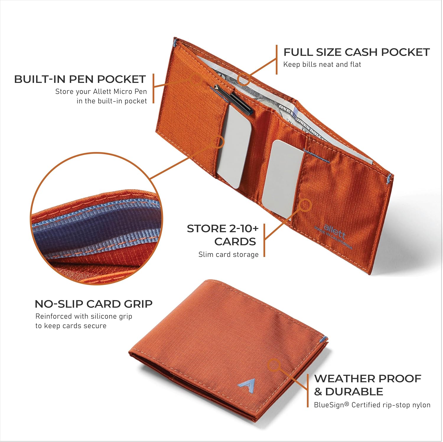 Allett Sport Wallet, Potters Clay | Nylon, RFID Blocking, Bifold, Slim, Minimalistic, Front Pocket | Holds 2-10+ Cards | for Men & Women - Image 3