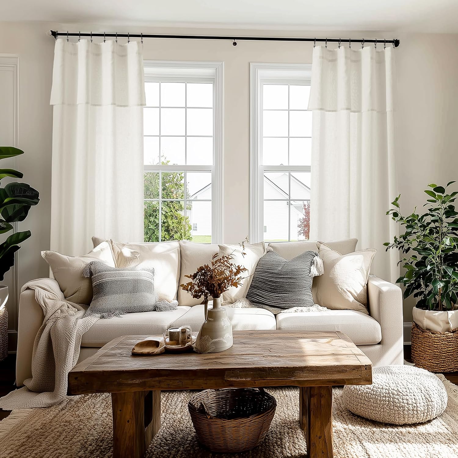 Neutral Curtains for Nursery Girl, Ruffled Layered Sheer Linen Shabby Chic Curtains for Bedroom Living Room, Wide 52 x 90 Inch Long