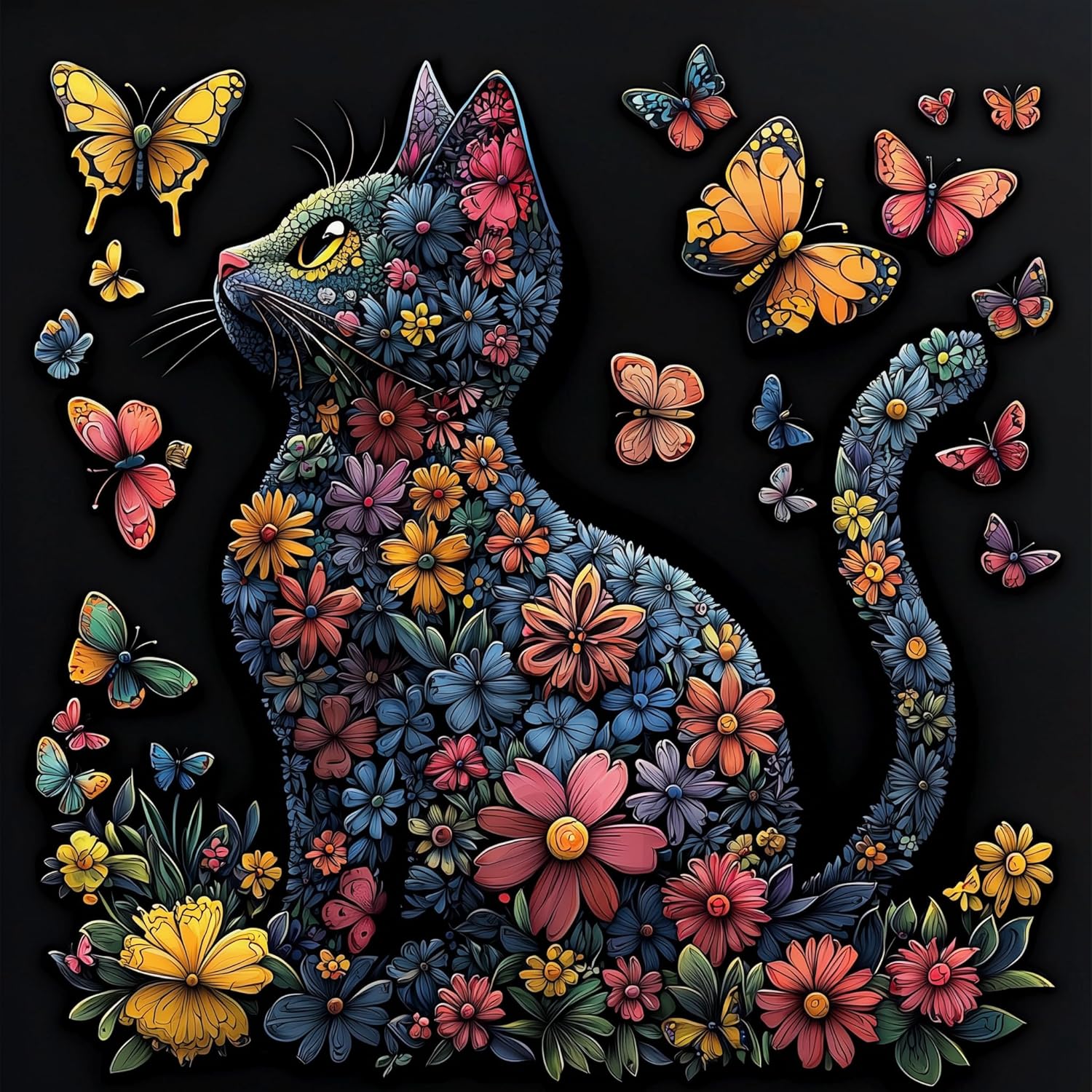Floral Cat and Butterfly Jigsaw Puzzle for Adults 500 Piece, Colorful Flower Kitten Challenging Jigsaw Puzzle with Poster & Lettered Back, Family Activity Home Decor, 20x20 Inch