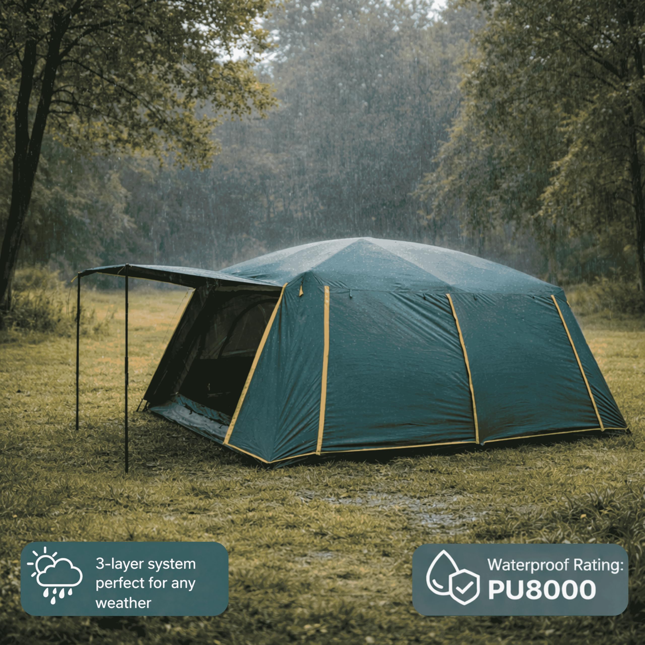 Lyve Familienzelt XL – Wasserdichtes Campingzelt mit 2 bis 3 Schlafkabinen – Deep Sleep Verdunkelung – 8000 mm Wassersäule – 4/6 / 8 Personen – Grün