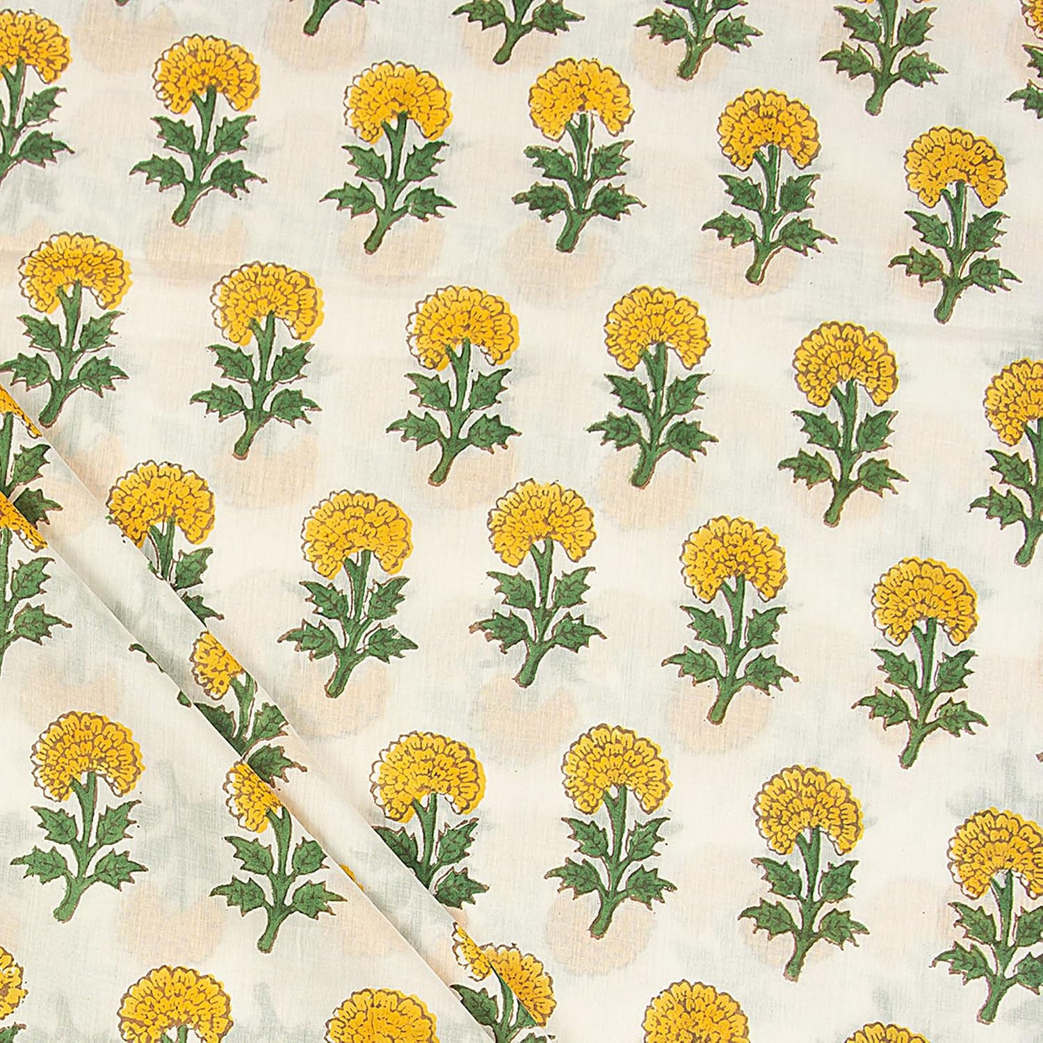 Hand Block Printed Cotton Fabric by The Yard - 100% Pure Cotton 5 Yard Pre Cut Yellow & Green Floral Pattern 44" Width Machine Washable Handmade Bohemian Style Uses for Sewing & DIY Dress