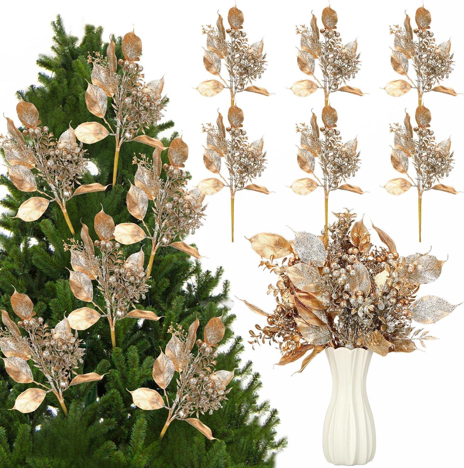 Thiccywoov 6 Pcs 16 Inch Christmas Magnolia Picks Champagne Christmas Tree Picks Glitter Gold Artificial Magnolia Flower Leaves Berries Branches for Xmas Tree Winter Vase Wreath Holiday Decor