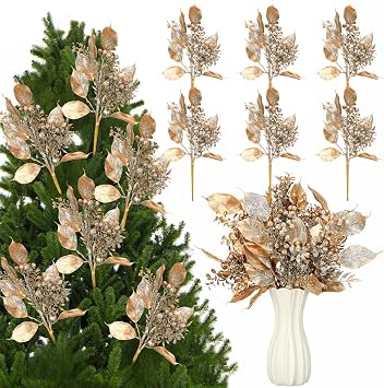 Thiccywoov 6 Pcs 16 Inch Christmas Magnolia Picks Champagne Christmas Tree Picks Glitter Gold Artificial Magnolia Flower Leaves Berries Branches for Xmas Tree Winter Vase Wreath Holiday Decor