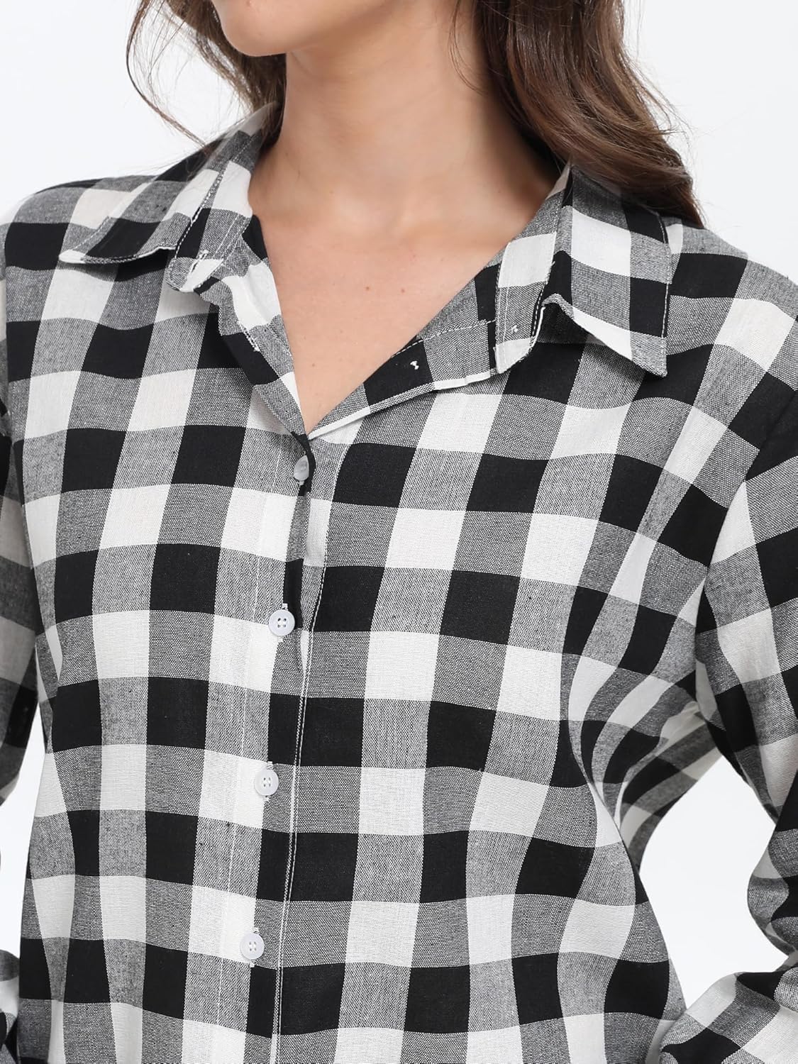 SUNNOW Women's Black White Checkered Long Sleeve Shirt Button Down Collar Casual Blouse Tops - Image 4