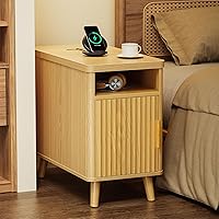 Vista 1 de Huuger Narrow End Table with Charging Station, USB-C Port, Fluted Nightstand with Storage Cabinet, Back Rack, Side Table for Small Spaces, 13.4 ×