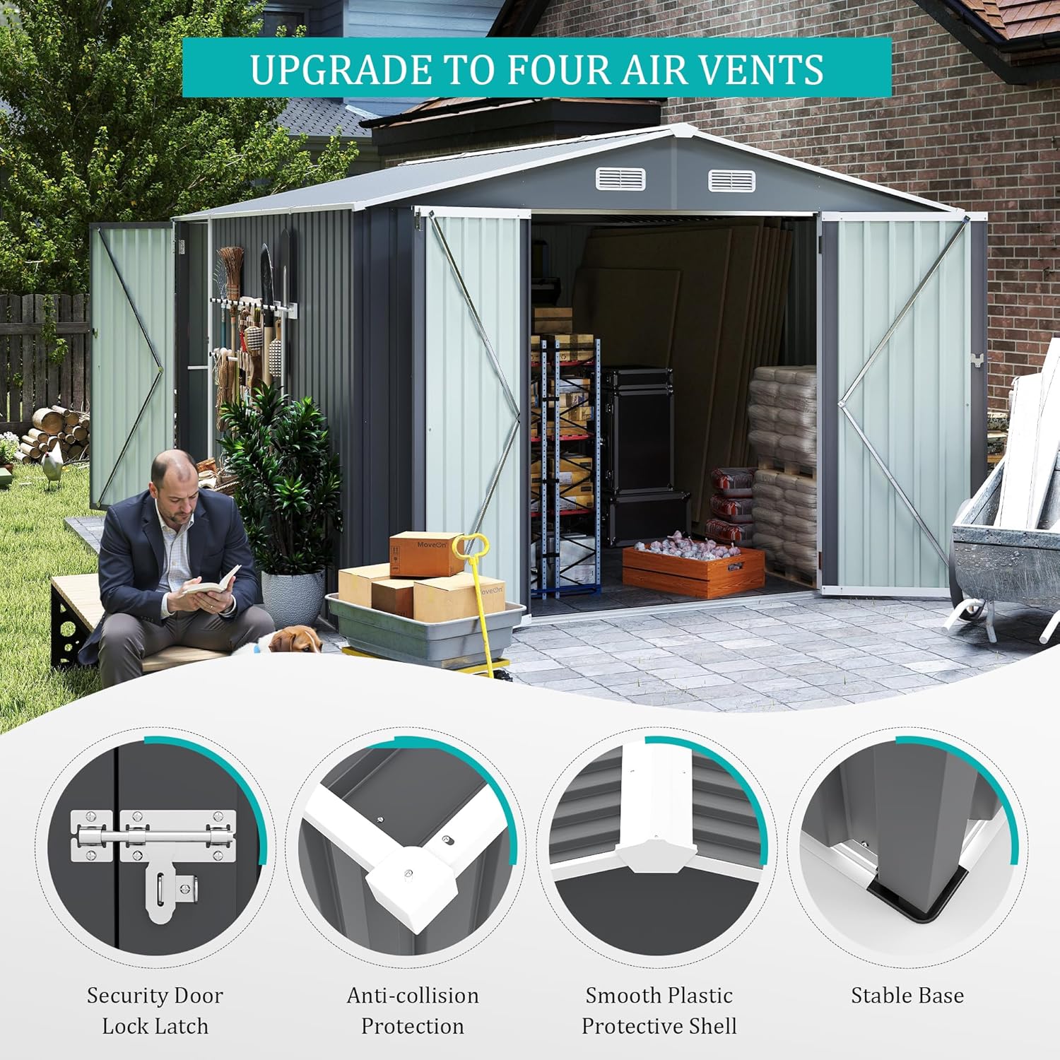 9x11FT Metal Storage Shed - Dark Gray Outdoor Shed with 3 Lockable Doors, Garden Shed for Backyard/Patio, Sheds & Outdoor Storage with 4 Vents & Waterproof Design