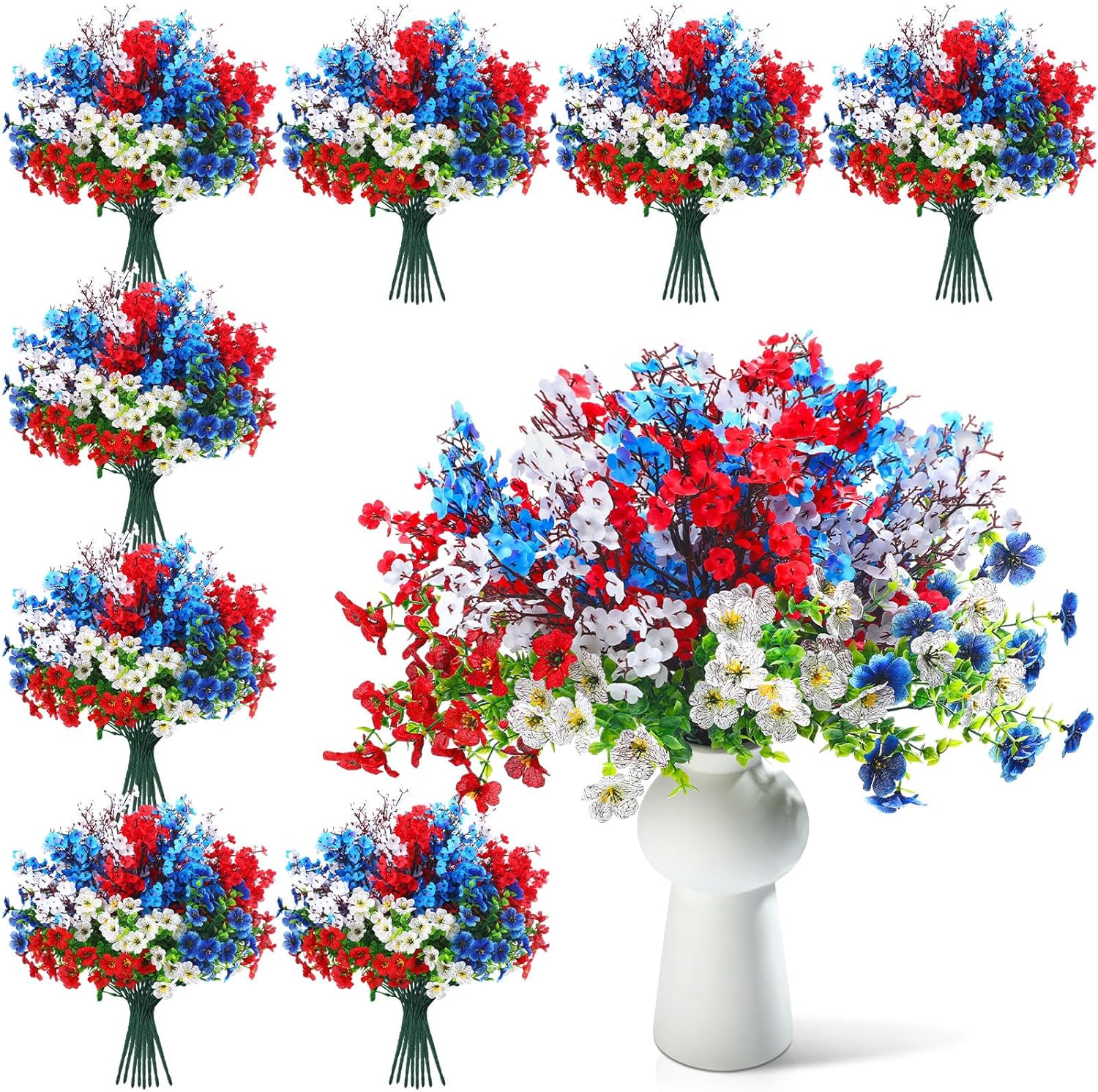 Giegxin 24 Pcs Red Blue White Patriotic Artificial Flowers 4th of July 250th Anniversary Table Centerpieces Decor Fake Baby's Breath Pick Stems Memorial Day for Veterans Home Gypsophila Outdoor Decor