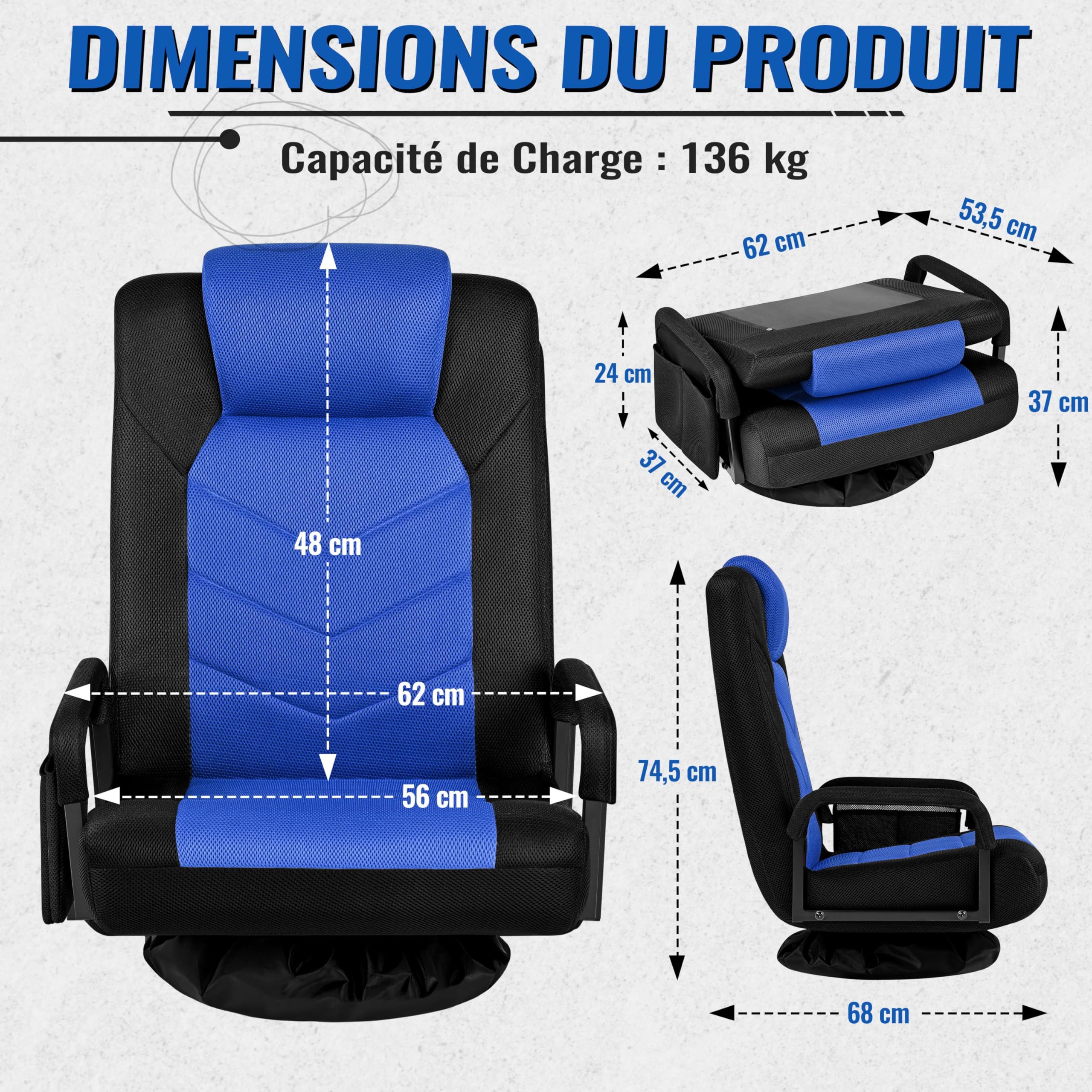 Yaheetech Chaise Gaming au Sol avec Dossier Pliable à 6 Positions Réglables et Support Lombaire, Fauteuil Gaming Pivotant à 360° avec Accoudoirs, pour Adultes, Adolescentes, Enfants, Noir/Bleu