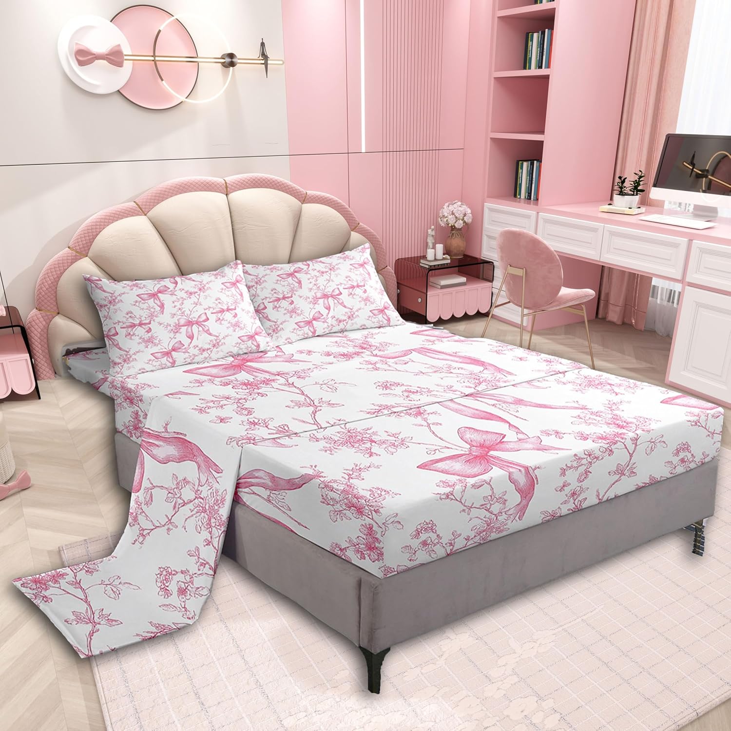 jejeloiu Bowknot Bed Sheets Set Queen Size Pink Bow Bed Set Bow-tie Deep Pocket Fitted Sheet Butterfly Bowknot Breathable Soft Lightweight Microfiber