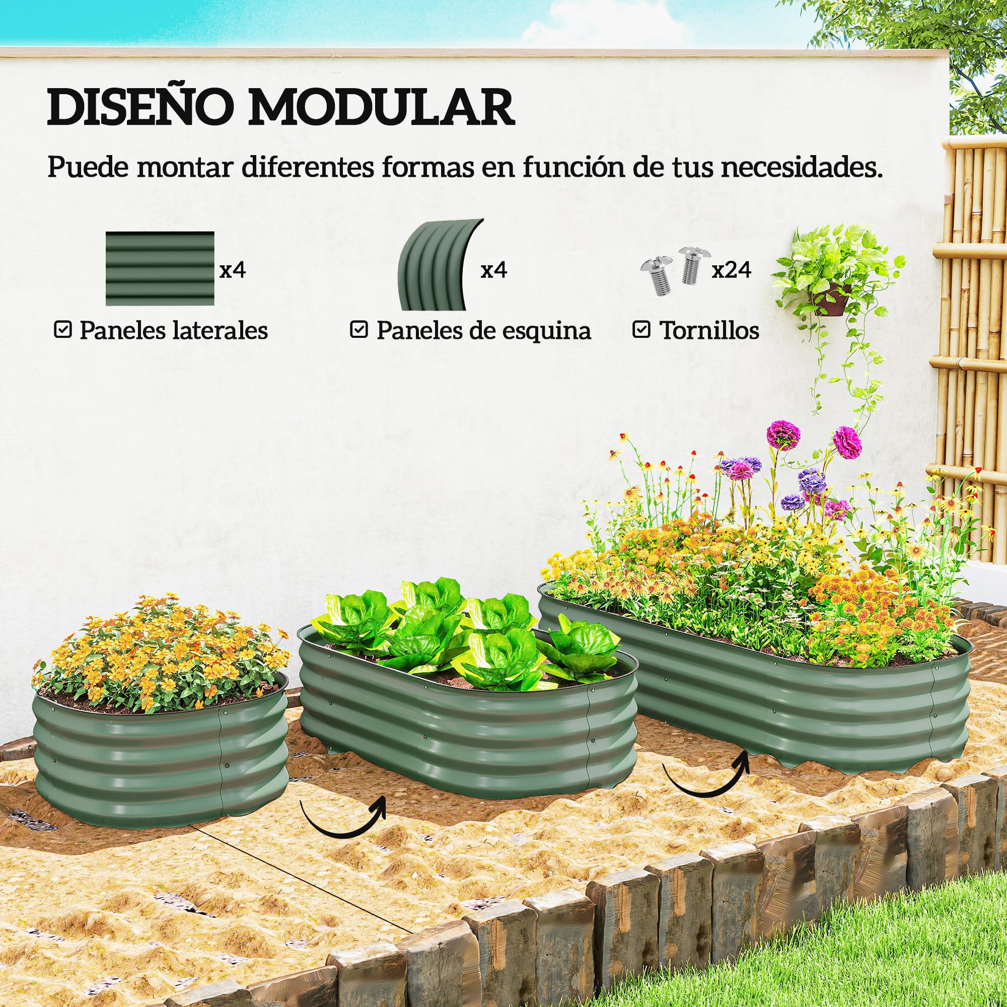 Outsunny Jardinera Exterior Grande de Acero Galvanizado, Huerto Urbano para Cultivar Plantas, Macetero Exterior con Bordes de Seguridad, Fácil Montaje, Resistente a la Intemperie, 150x62x30 cm, Verde