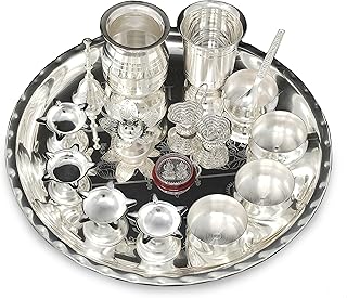 NOBILITY Pooja Thali Set 12 Inch Silver Plated Puja Thali for Diwali Decoration Gift Items Festival Ethnic Puja Thali for Temple Office Home Wedding Return Gifts