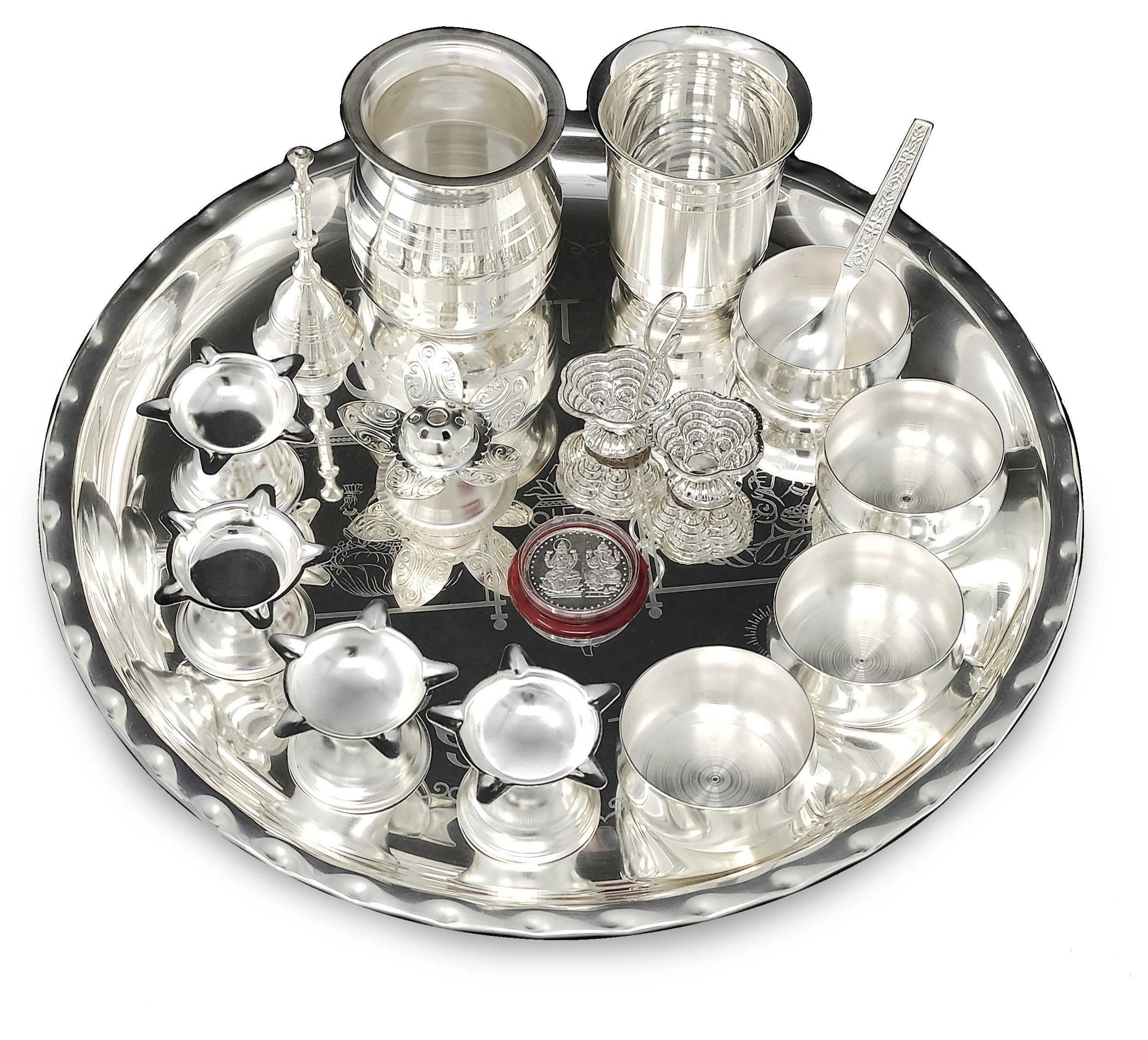 NOBILITY Pooja Thali Set 12 Inch Silver Plated Puja Thali for Diwali Decoration Gift Items Festival Ethnic Puja Thali for Temple Office Home Wedding Return Gifts