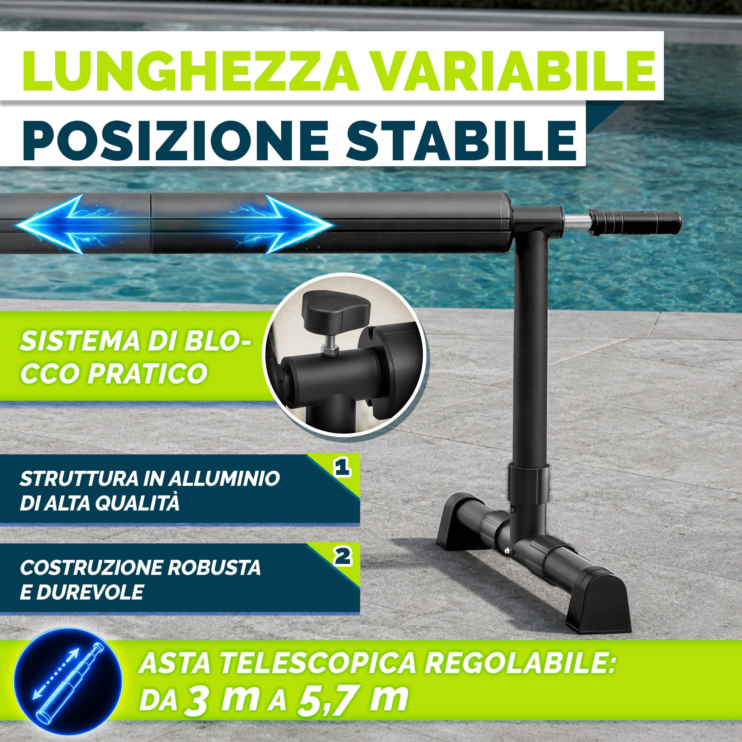 tillvex Rullo Avvolgitore per Telo da Piscina 3-5,70 m con termometro e nastri di fissaggio | Sistema di avvolgimento per Teli solari | Dispositivo di avvolgimento per Teli per Piscina e coperture