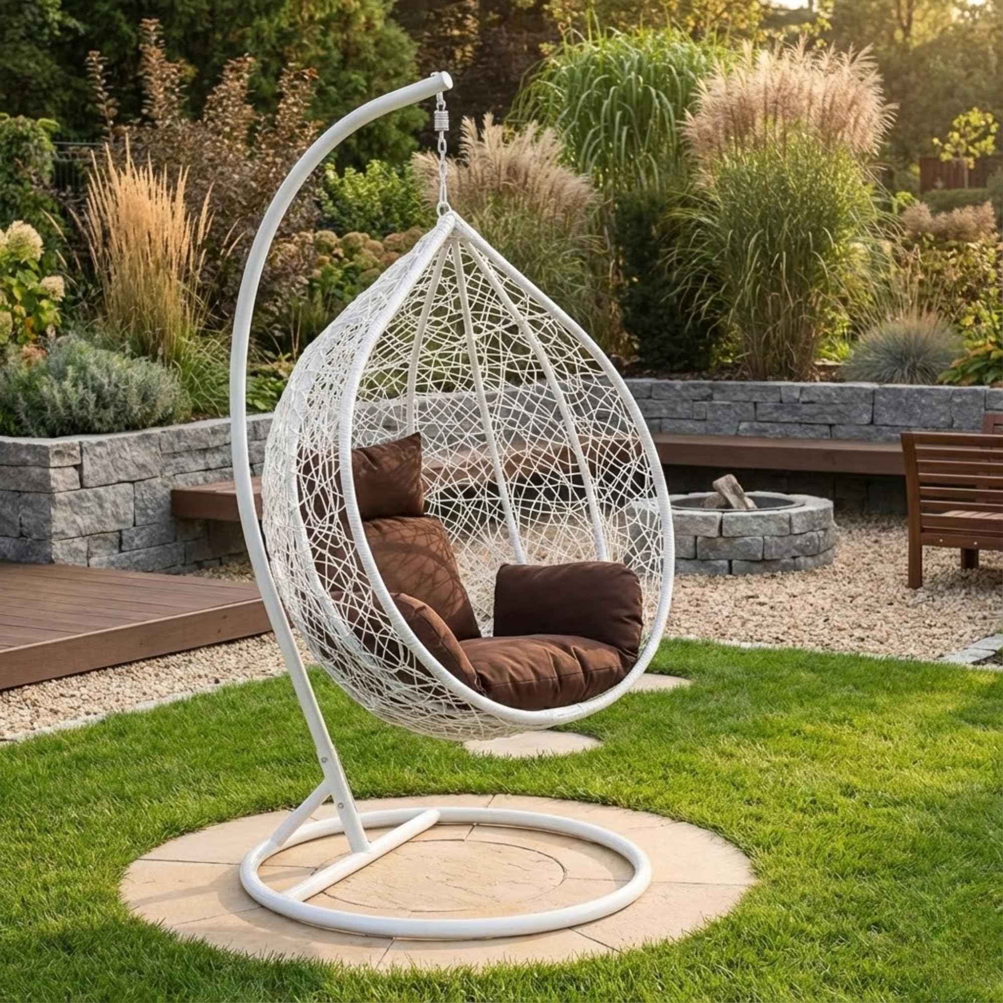 Outdoor Swing Chair | Wicker Hanging Chair | Patio Backyard Egg Basket Chair Comfortable Stand UV-Resistant with Cushions | Balcony Chair for Garden Furniture (White)