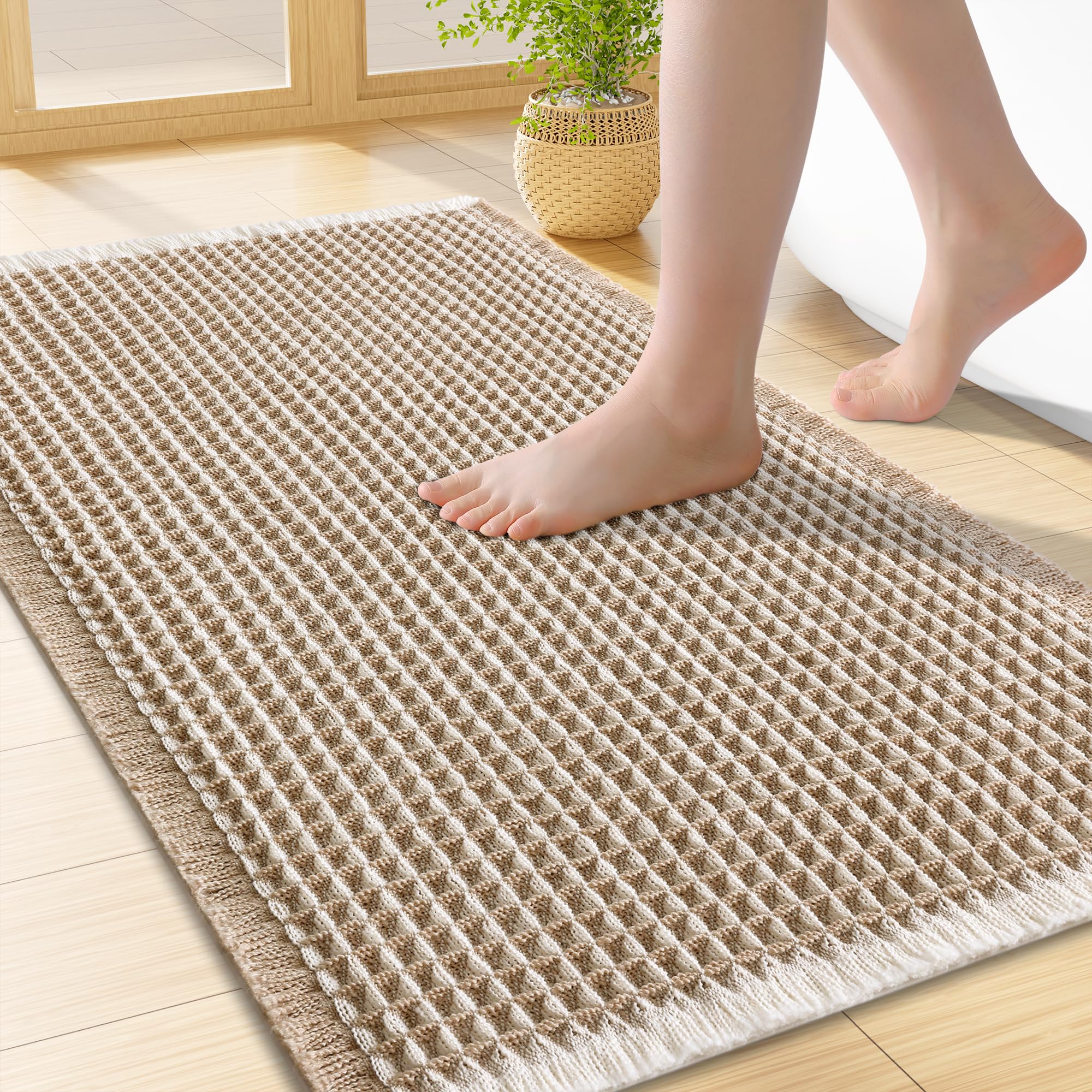 Smiry Waffle Bath Mat 24X16, Soft Absorbent Bathroom Rugs, Brown &amp; Cream
