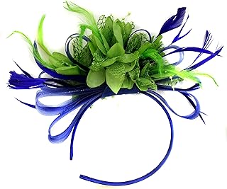 Tocado para boda con velo y plumas, en color azul Francia y verde