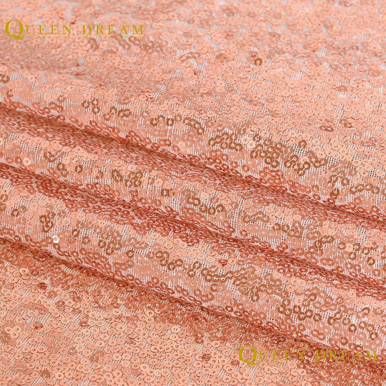 QueenDream Rose Gold Sequin Rectangle Tablecloth 90x132 Inch for Wedding, Sweetheart Table, Reception, Birthday Party, Cake Table Decoration