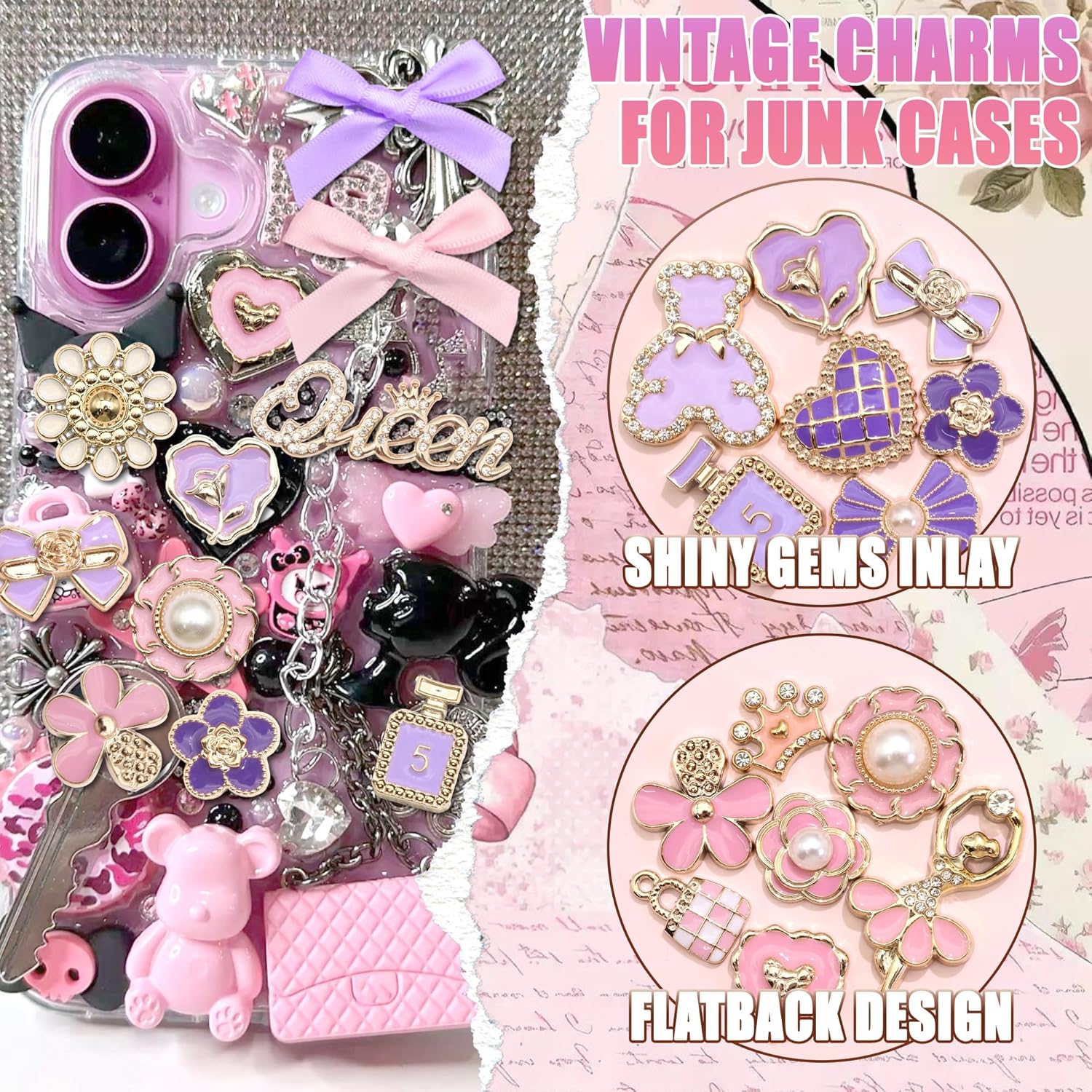 BELICEY Junk Case Charms Kit Elegant Bow Flower Charm for Junk Cases Pink Purple Heart Butterfly Phone Case Charms 3D Gold Bear for Customizing DIY Craft - Image 3