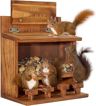 MIXUMON Squirrel Feeder Table The Nut Bar, Wooden Squirrel Picnic Table Feeder, Durable Squirrel Feeder Corn Cob, with Solid Structure, Stable Squirrels Stool Bar, 6.6x9.8x13 Inches Style 4