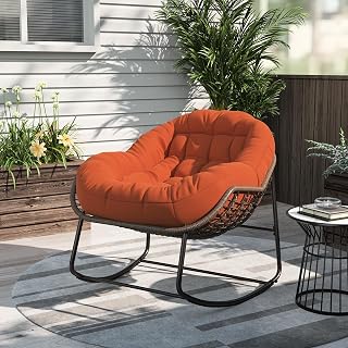 Silla Mecedora para Exterior, Silla Mecedora Papasan De Mimbre con Cojín Acolchado, Silla Reclinable, Marco De Metal, Mecedora De Ratán para Patio (Naranja)