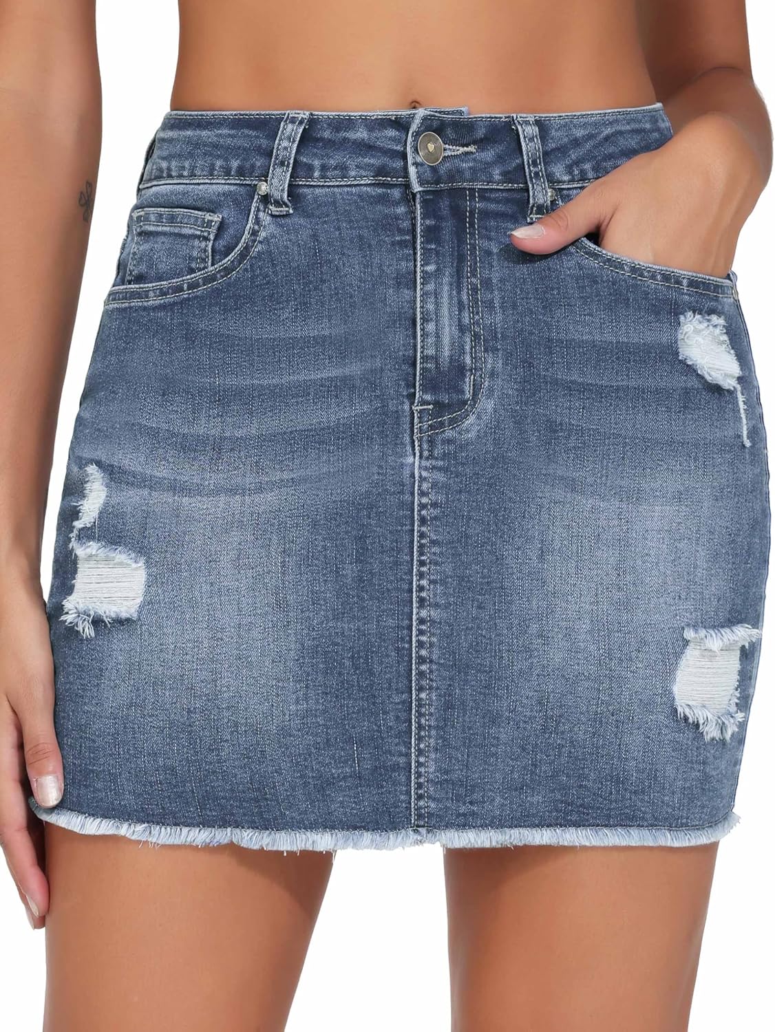 THE GYM PEOPLE Women's Ripped Denim Mini Skirts Stretchy Frayed Raw Hem Casual Trendy Jean Skirt with Pockets