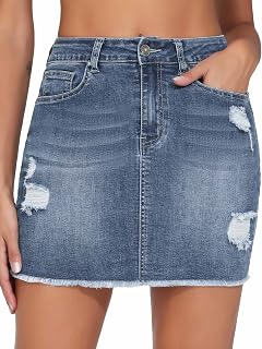 THE GYM PEOPLE Women's Ripped Denim Mini Skirts Stretchy Trendy Jean Skirt | Frayed Raw Hem, 4 Real Pockets, Soft, Medium stretch, Zipper, Belt Loops, Slim Fit, Short Length, for Street, Party, Trips