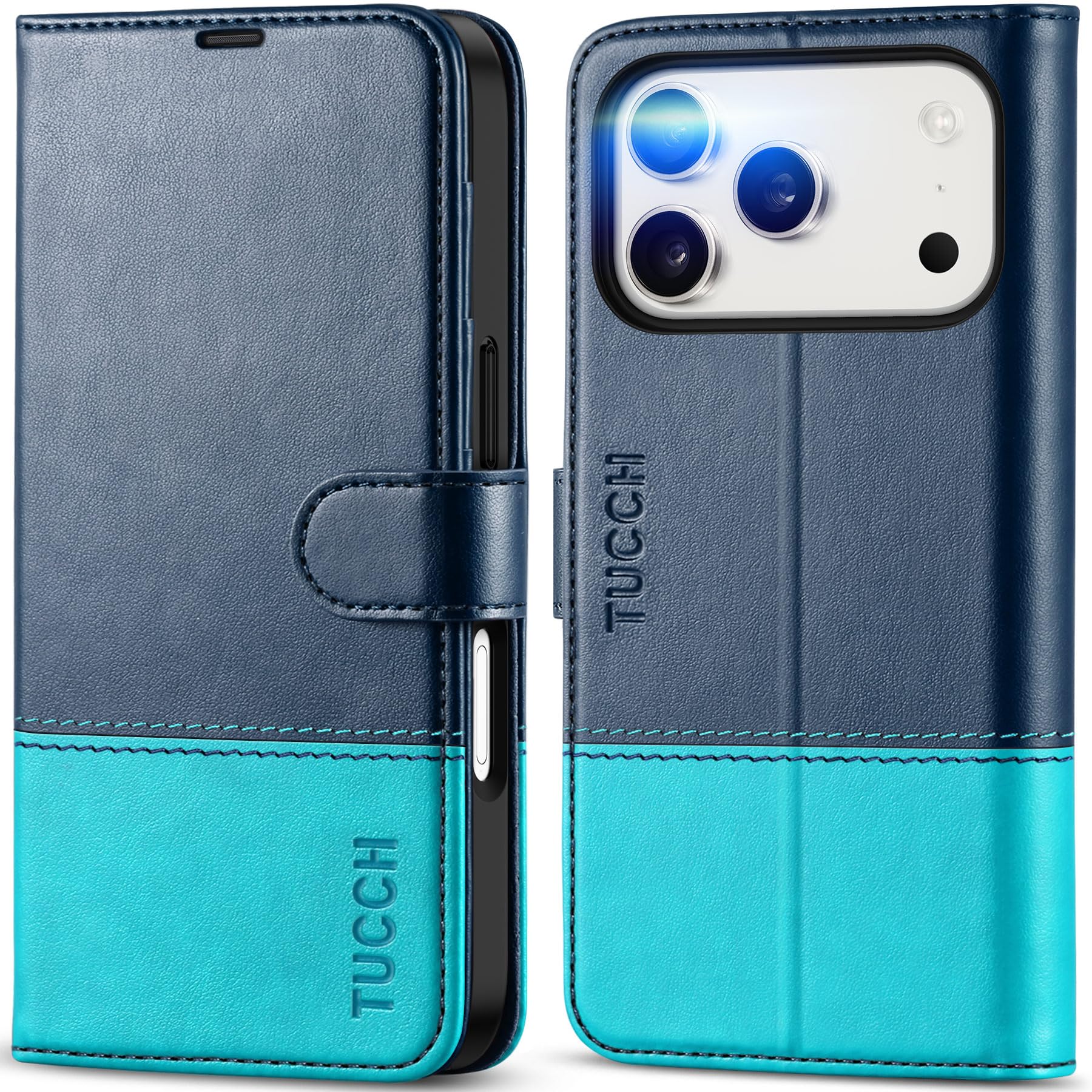 TUCCH Funda para iPhone 17 Pro 6,3" 5G 2025 Bloqueo RFID, Azul & Azul Lago | Cuero Sintético, Soporte Plegable, Billetera Ranura Tarjeta, Anti Choques TPU, Cierre Magnético