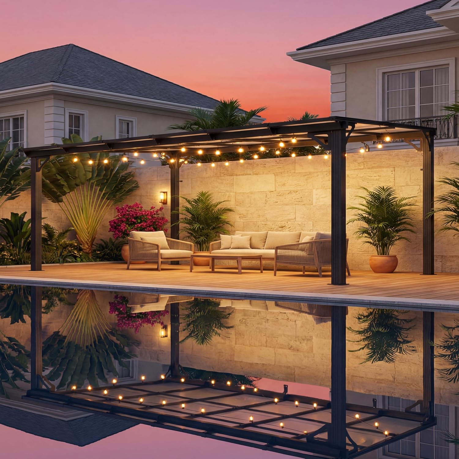 AirWire 10x12 FT Gazebo installed next to a pool at sunset, showing its aesthetic appeal