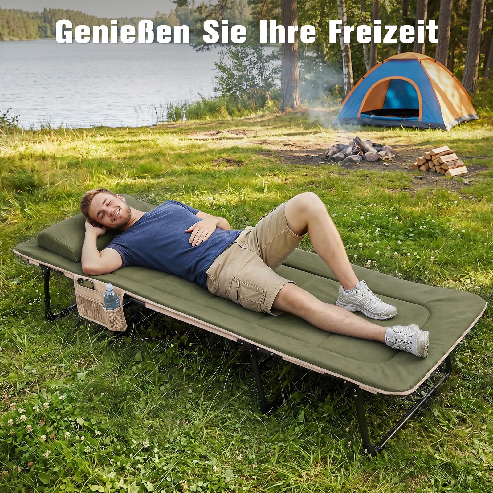 Sekey Campingbett Klappbett faltbar fГјr Erwachsene, Feldbett bis 200 kg belastbar mit Kissen, Reisebett GГӨstebett fГјr Camping, Festival, BГјro, Garten und Wohnmobil - DunkelgrГјn