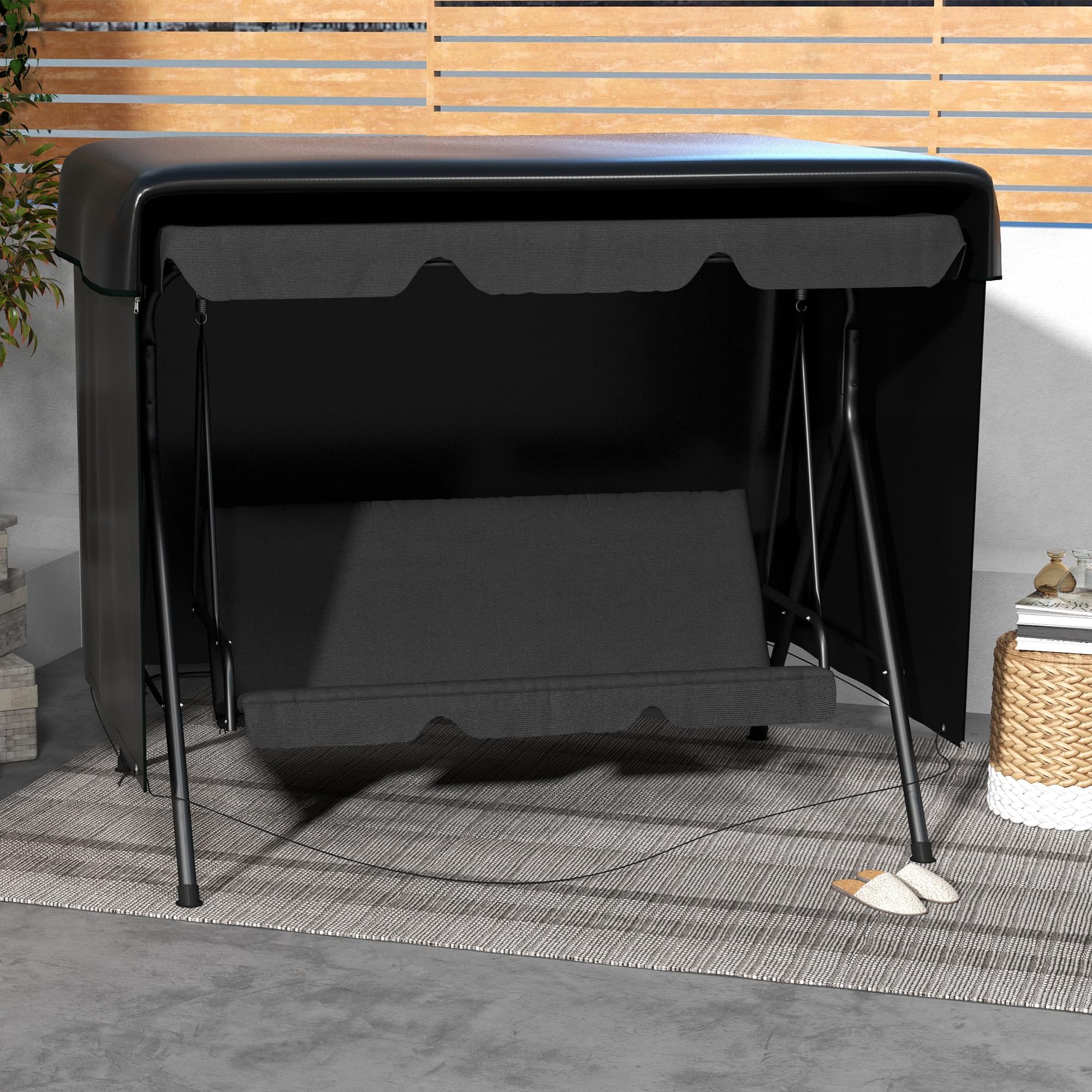 Outsunny Hollywoodschaukel Abdeckung 3 Sitzer, Wasserdicht Winterfest Schutzhülle für Gartenschaukel, Winddicht UV-Beständig Abdeckplane für Gartenmöbel, Hängesessel, 215 x 155 x 150 cm Schwarz