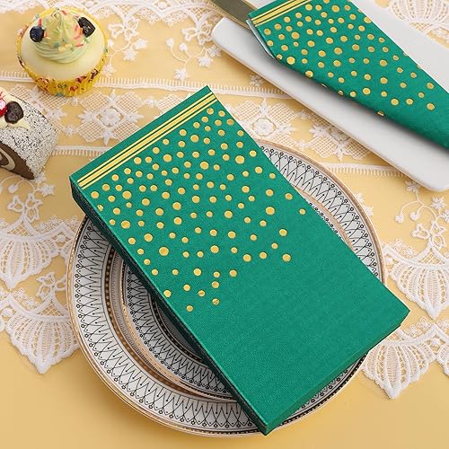 Miniatura 5 de 100 servilletas de papel verde con puntos dorados, servilletas desechables verdes para cumpleaños, baño, boda, aniversario, vacaciones, suministros