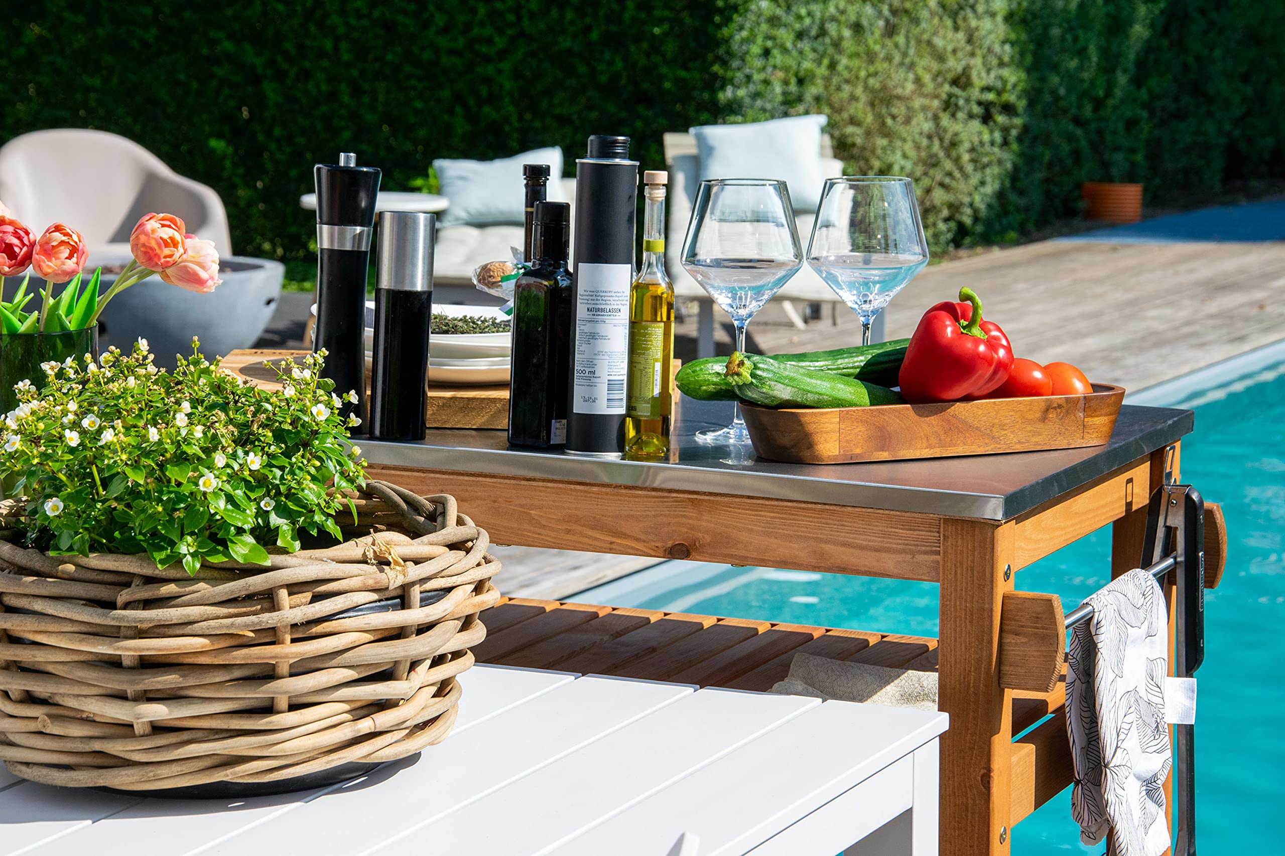 dobar® 35540FSCe Tavolo multifunzione con carrello arrotolabile legno massiccio piastra acciaio inox 94x58x90 cm Marrone