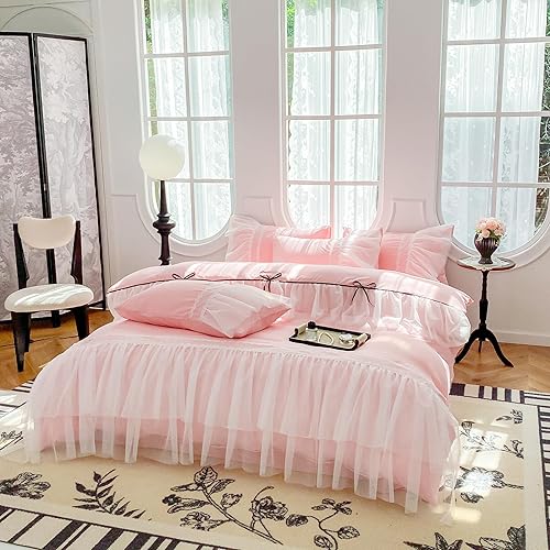 Miniatura 7 de Juego de funda de edredón de encaje con volantes, ropa de cama elegante, ropa de cama de princesa rosa, 100% poliéster, juego de funda de edredón