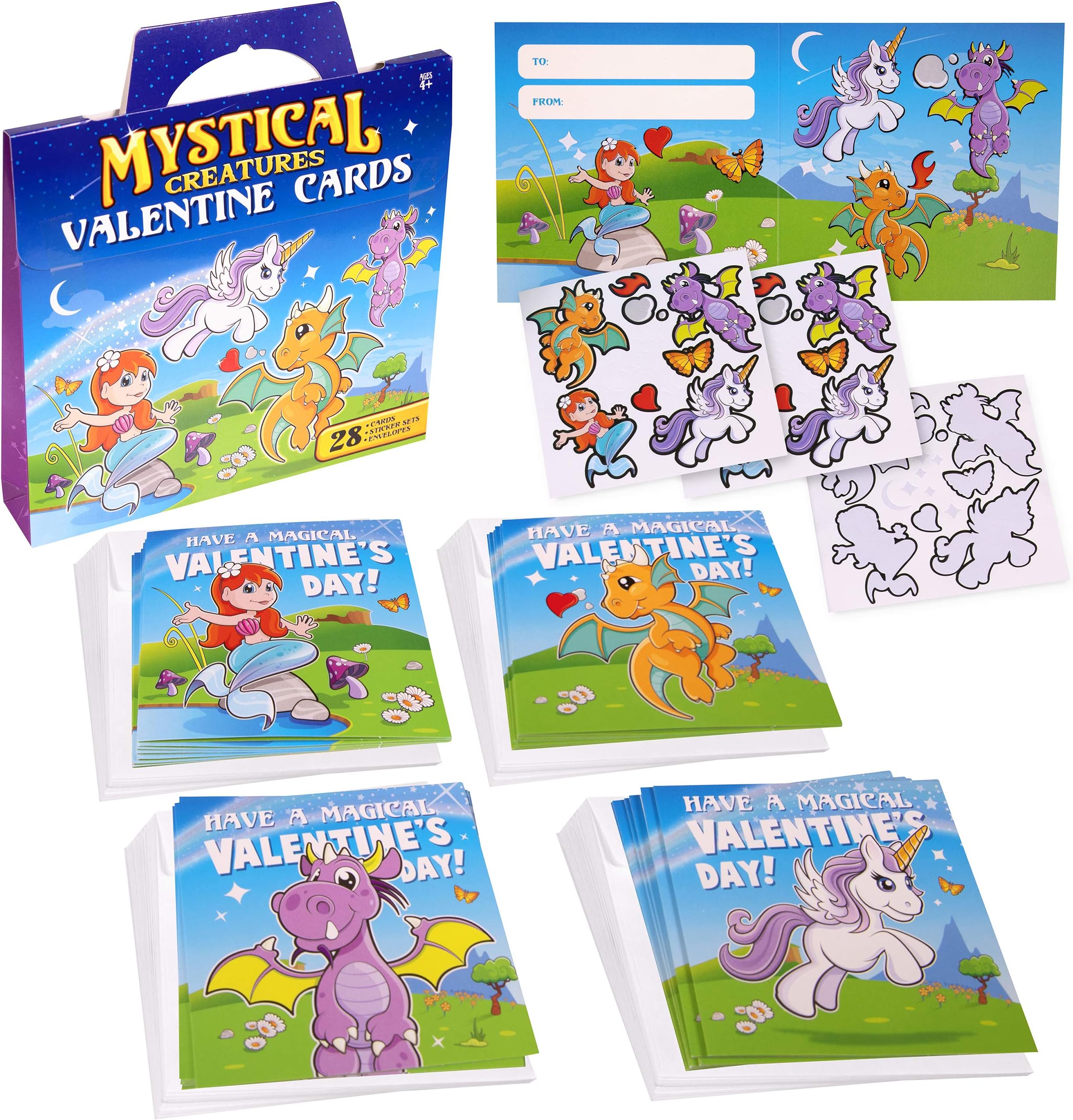 Kangaroo Valentine's Day Cards For Kids | Mythical Creatures 28 Valentines Cards With Stickers - Unicorn, Dragon, Fairy Theme! Fun Toddler Classroom Valentine Cards