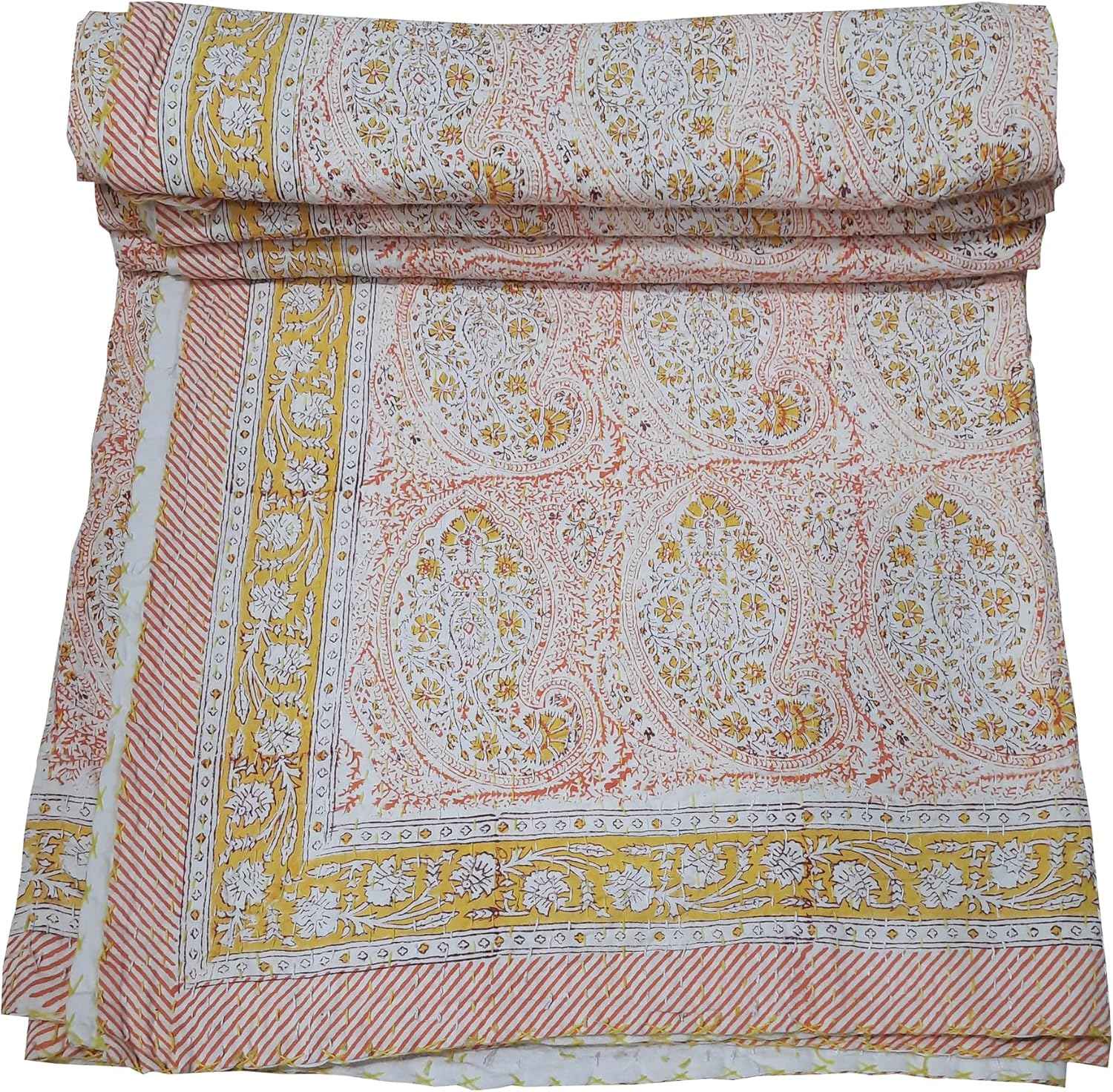 New Indian Hand Made Kantha Quilt Cotton Soft fine Cotton Hand Block Printed Kantha Quilt Cotton Blanket Bed Cover Bedspread Hand Made Kantha Quilt (King/Queen Size 90x108 Inch)