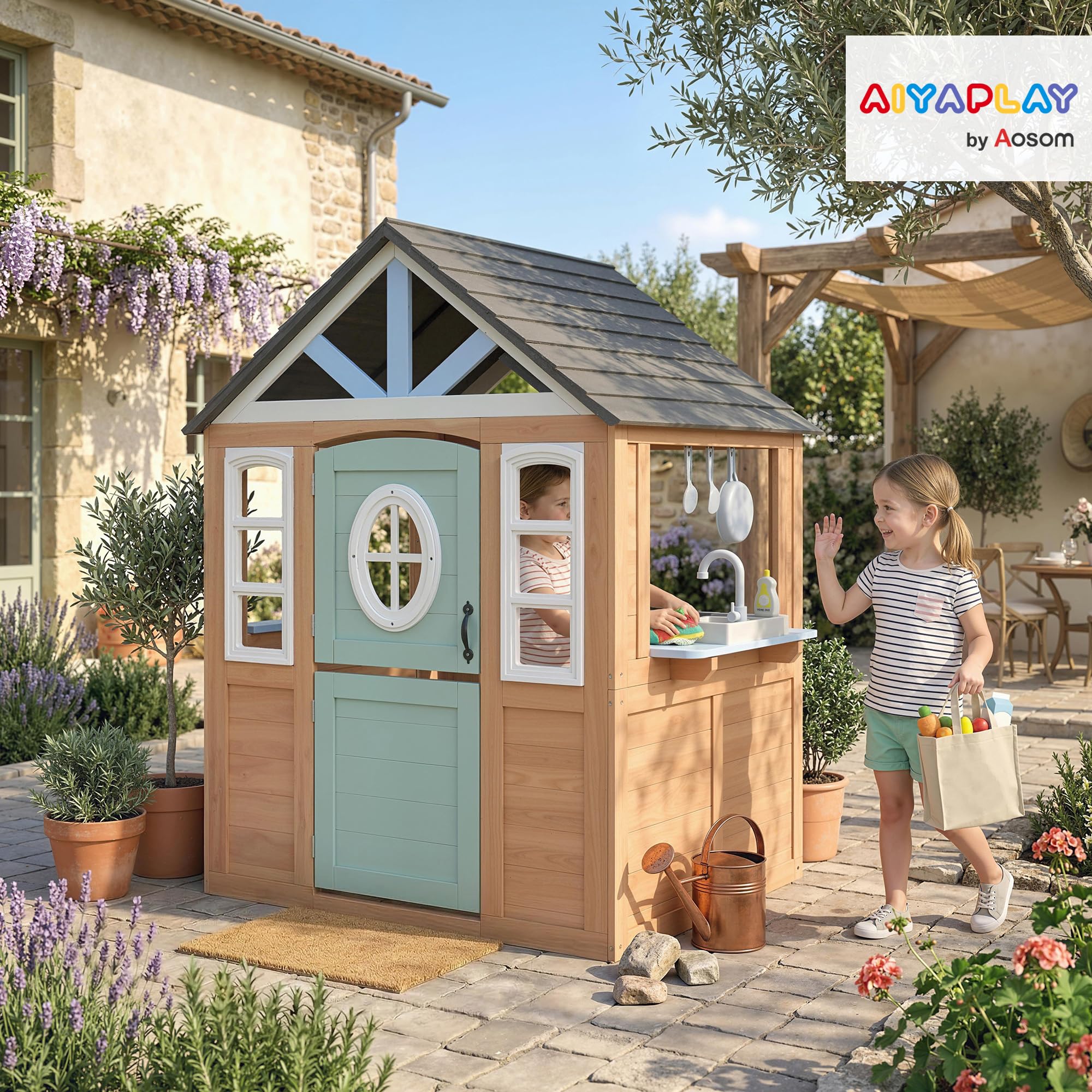 AIYAPLAY Casetta per bambini all'aperto e interno in legno, casetta per bambini, con porta per animali domestici, cucina giocattolo, mezza porta e finestre, casa da giardino per bambini di +2 anni
