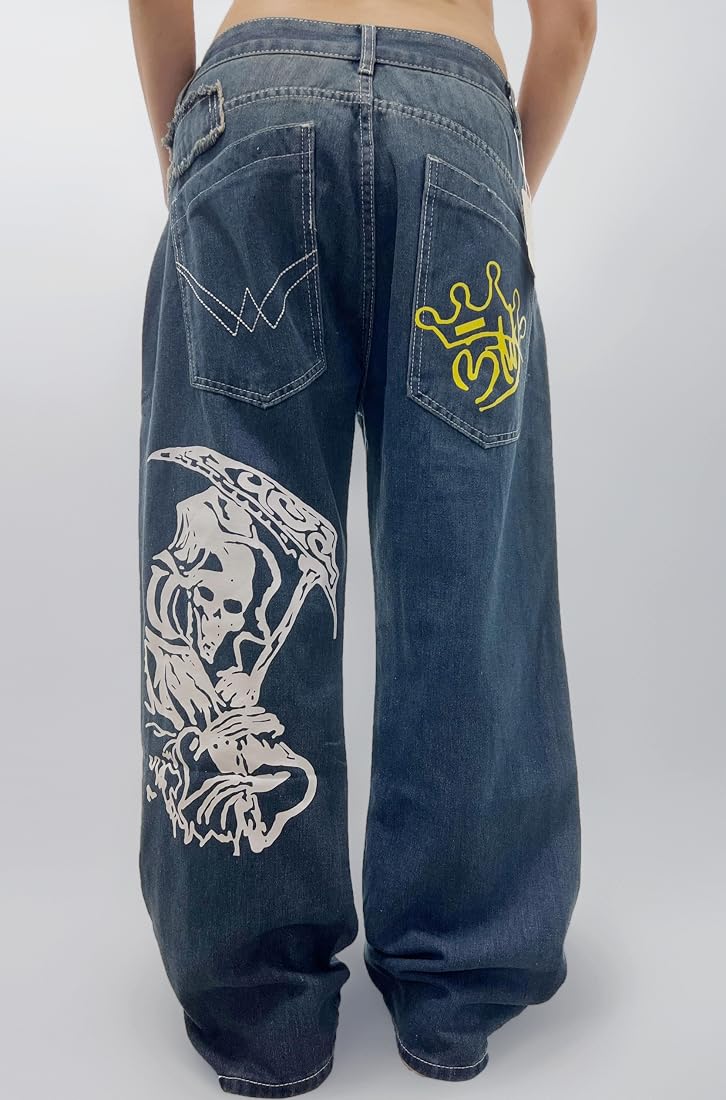 パンツ 2000's archive skeleton paint denim y2k Buy Unisex Y2K Hip Hop Street Jeans Skeleton Printed Gothic Baggy