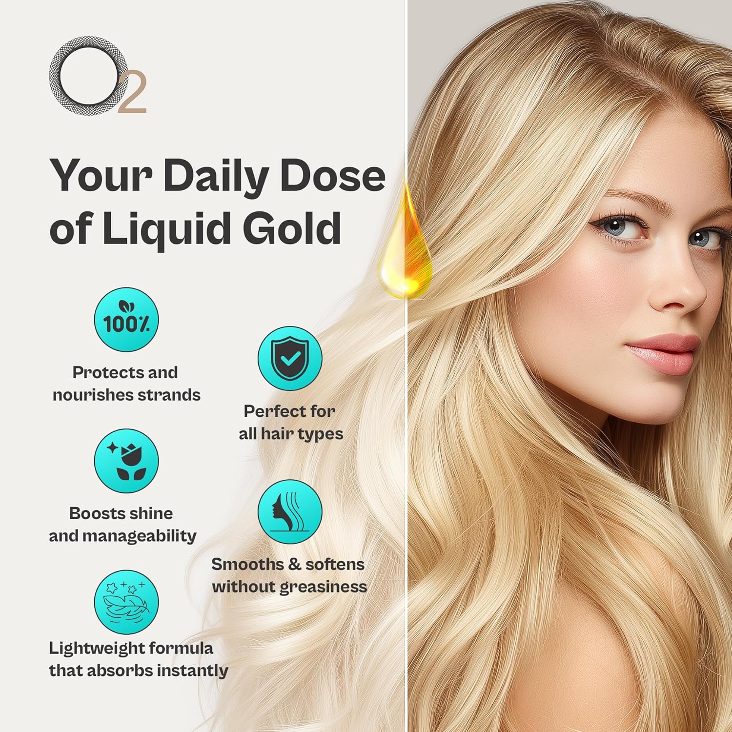 O2 Liquid Gold Replenishing Argan Oil Treatment – Lightweight Conditioning Formula That Repairs Split Ends, Eliminates Frizz, Adds Shine, and Strengthens Hair for a Smooth, Polished Finish - Image 3