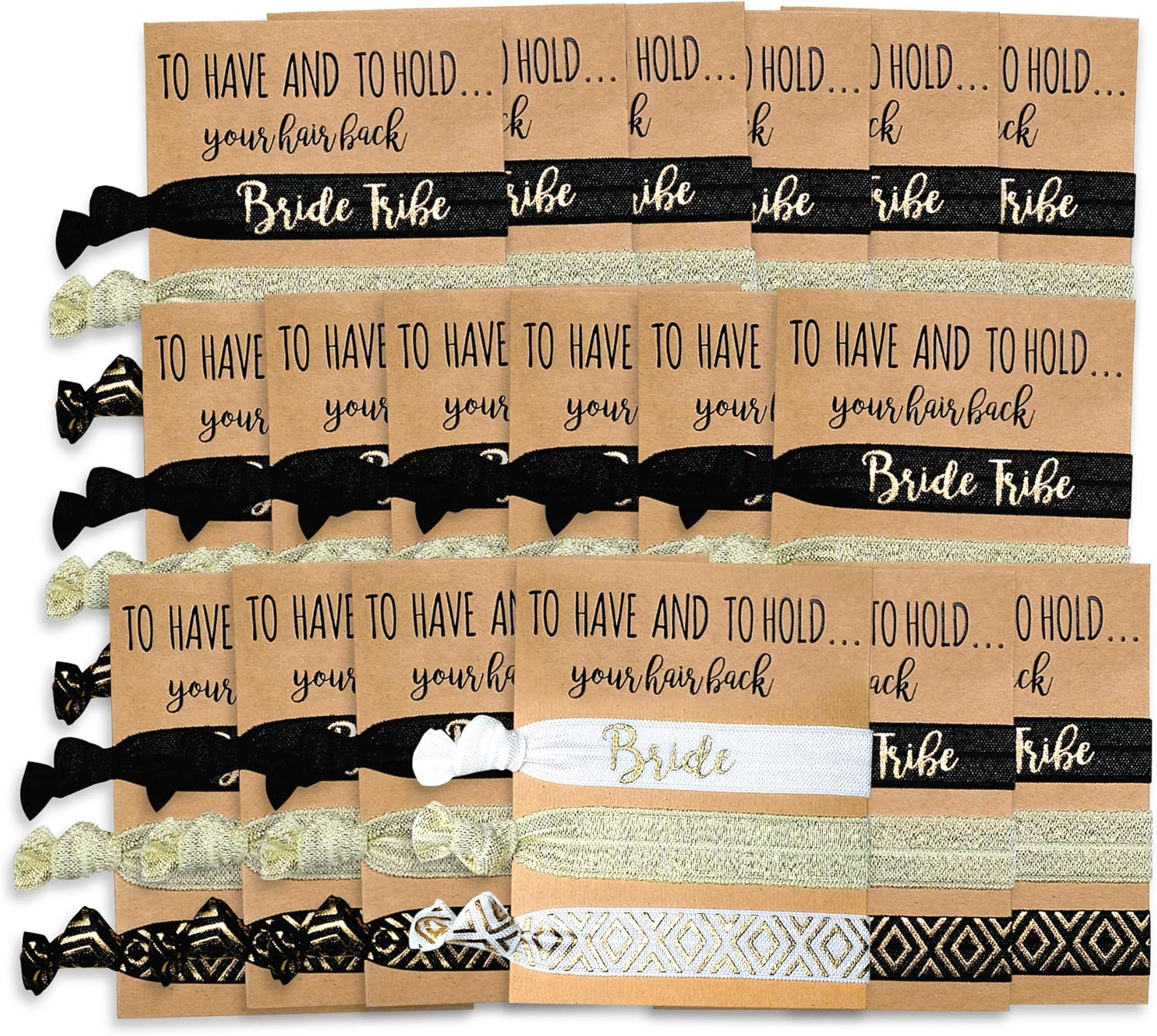 Pop Fizz Designs 18 Pack of Bachelorette Party Favors | 17 Bride Tribe Hair Ties and 1 Bride to Be Hair Tie | Bachelorette Hair Ties