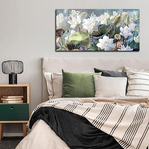 Miniatura 4 de CANEITO Arte de pared de flor de loto para sala de estar, lienzo floral blanco para decoración de pared para dormitorio, pinturas de acuarela