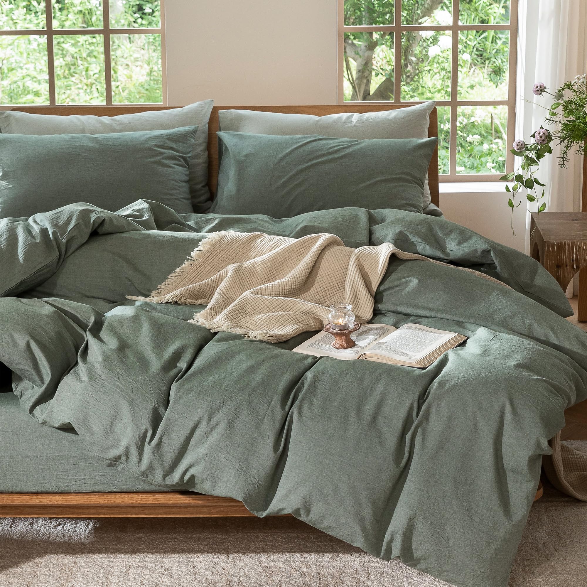 MooMee Bedding Duvet Cover Set 100% Washed Cotton Linen Like Textured Breathable Durable Soft Comfy (Tannish Linen Grey, King) — view 88