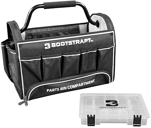 Miniatura 3 de Bolsa de mano para contratistas de 18 pulgadas con compartimento integrado para contenedores de piezas y cubierta impermeable para lluvia