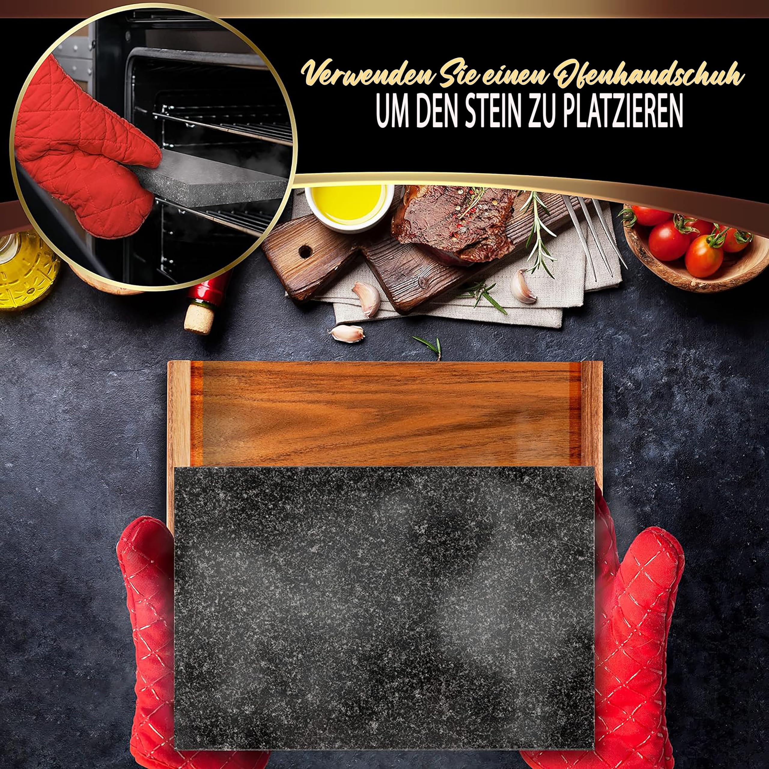 Nutrichef Heißer Stein, Lavastein, Steingrill- für Steak, BBQ & Fleischgrillen, Steak Platte- mit Edelstahlmessern, Steinplatte- Kocht & bewahrt Hitze und Geschmack, Beheiztes Steakbrett zum Servieren