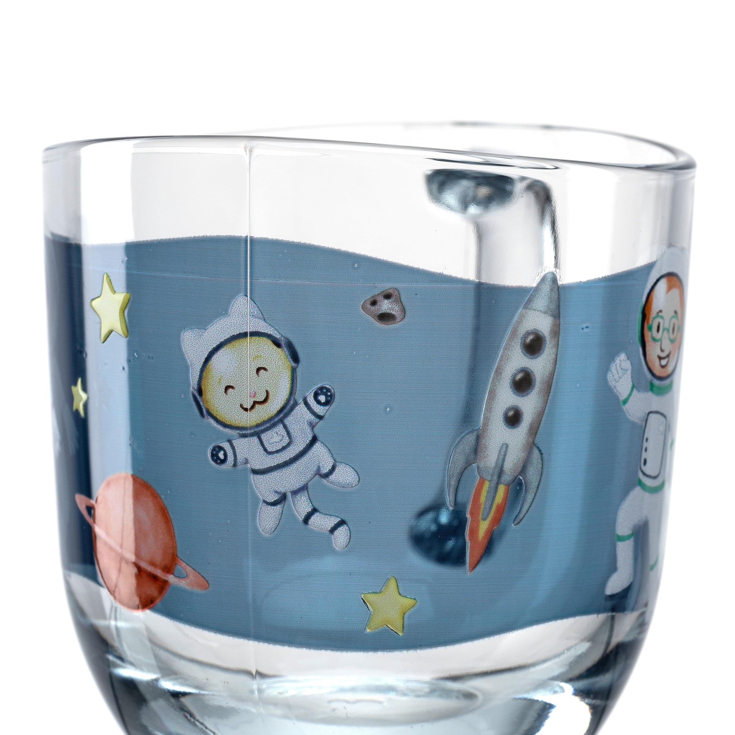 LEONARDO Bambini Avventura - Juego de 6 tazas infantiles con diseño de cristal de paredes gruesas, capacidad 280 ml, apto para lavavajillas, microondas, resistente, juego de 6 con diseño del espacio
