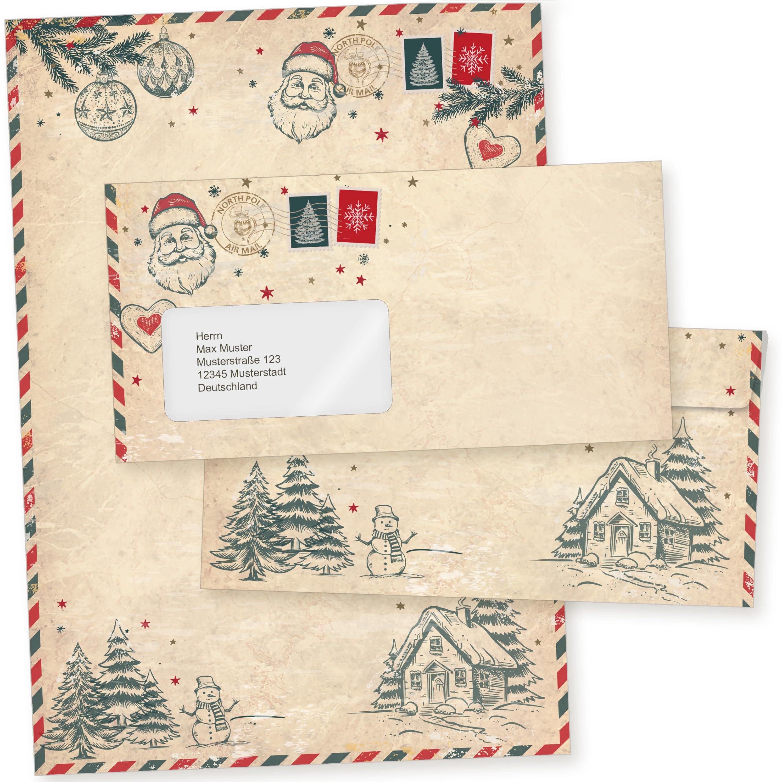 North Pole Air Mail 250 Sets Weihnachtsbriefpapier mit Fensterumschlag, Briefpapier Weihnachten A4 mit Umschlag mit Fenster