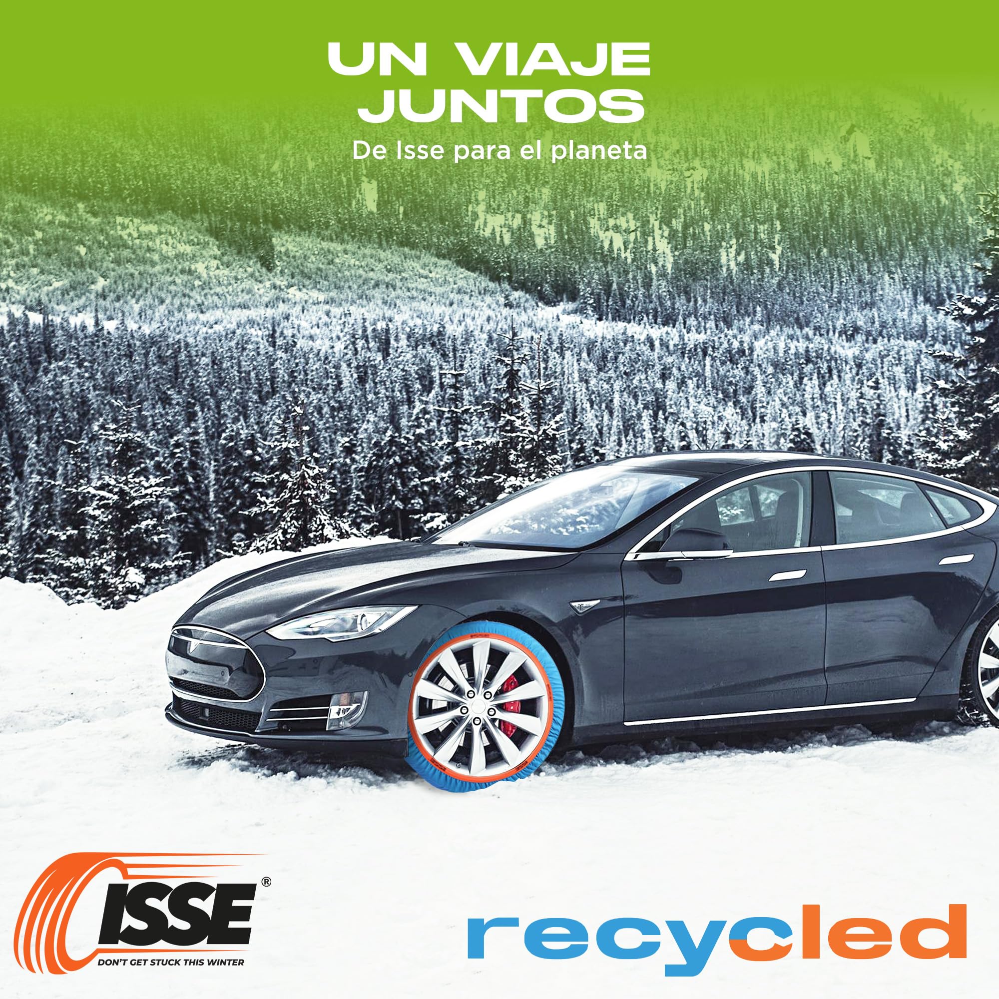 ISSE - Cadenas Coche Nieve Recycled |T-70| Homologación EN 16662-1 - Cadenas Nieve Téxtiles Fáciles de Instalar - Cadenas Nieve Coche Antideslizantes y Resistentes - Kit de 2 Cadenas + guantes