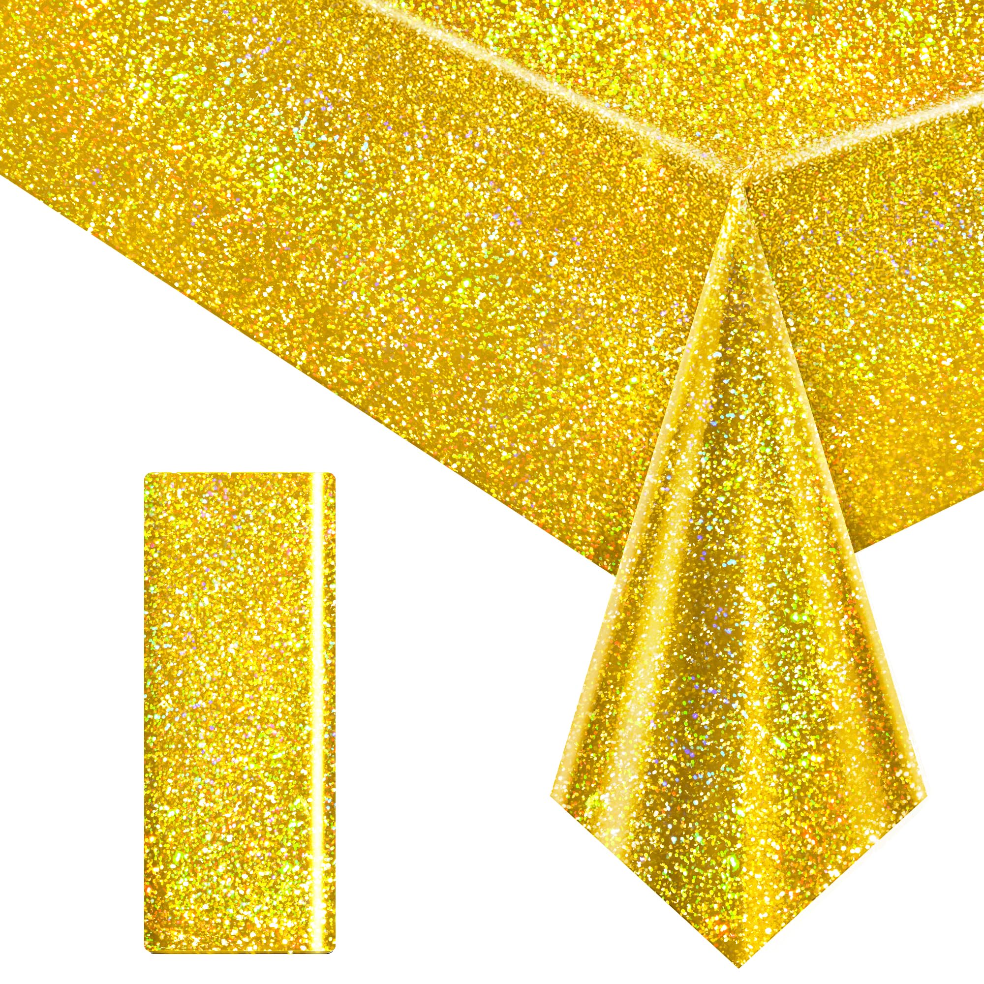 Photo 1 of 1 pcs Gold Holographic Party Tablecloths 40" x 108" Laser Shiny Table Cloths Plastic Glitter Foil Table Cover for Christmas Wedding Graduation Baby Shower 1920s Birthday Party Anniversary Supplies