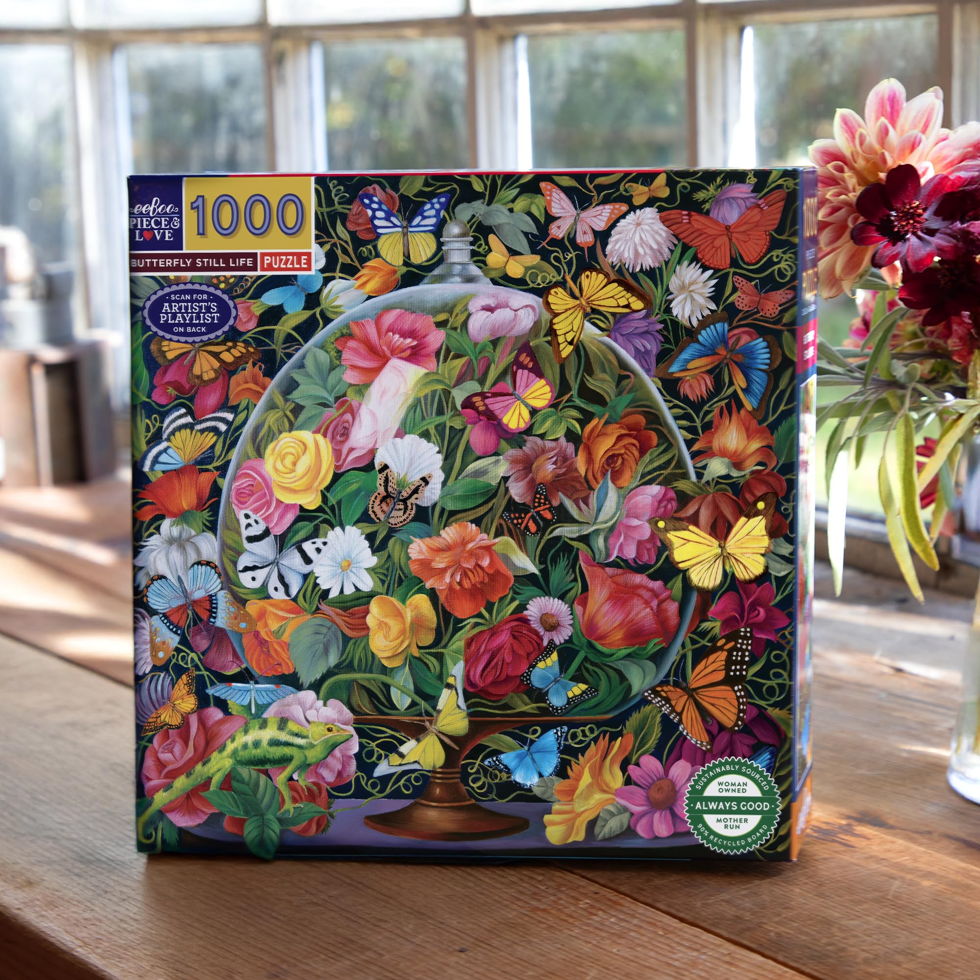 eeBoo 1000 Piece Puzzle -  Jigsaw Puzzle for Adults, Square 23" x 23" Made with Recycled Board & Vegetable-Based Ink: Butterfly Still Life