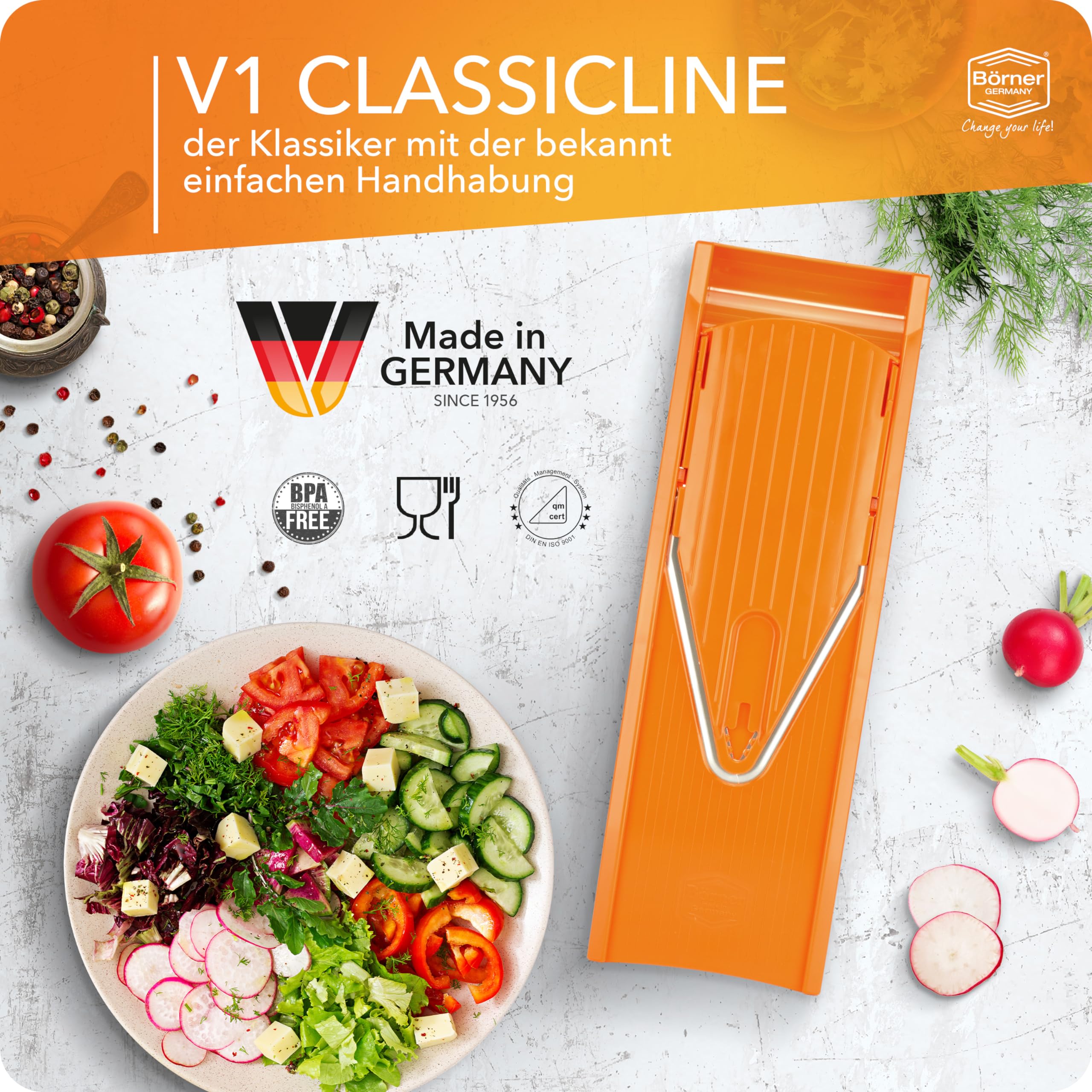 Börner Gemüsehobel V1 (Starter Set) • V-Hobel mit 4 Einsätzen & Fruchthalter • Verstellbarer Hobel für Gemüse & Obst • Gemüseschneider für Scheiben, Streifen & Würfel • Farbe: Orange