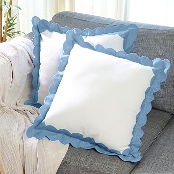 Folkulture Boho Throw Pillow Covers | 18 x 18 Set of 2 Throw Pillows for Couch Pillows for Living Room | Decorative Pillows or Outdoor Pillow Covers | Scalloped Pillow Cover | Blue Throw Pillows
